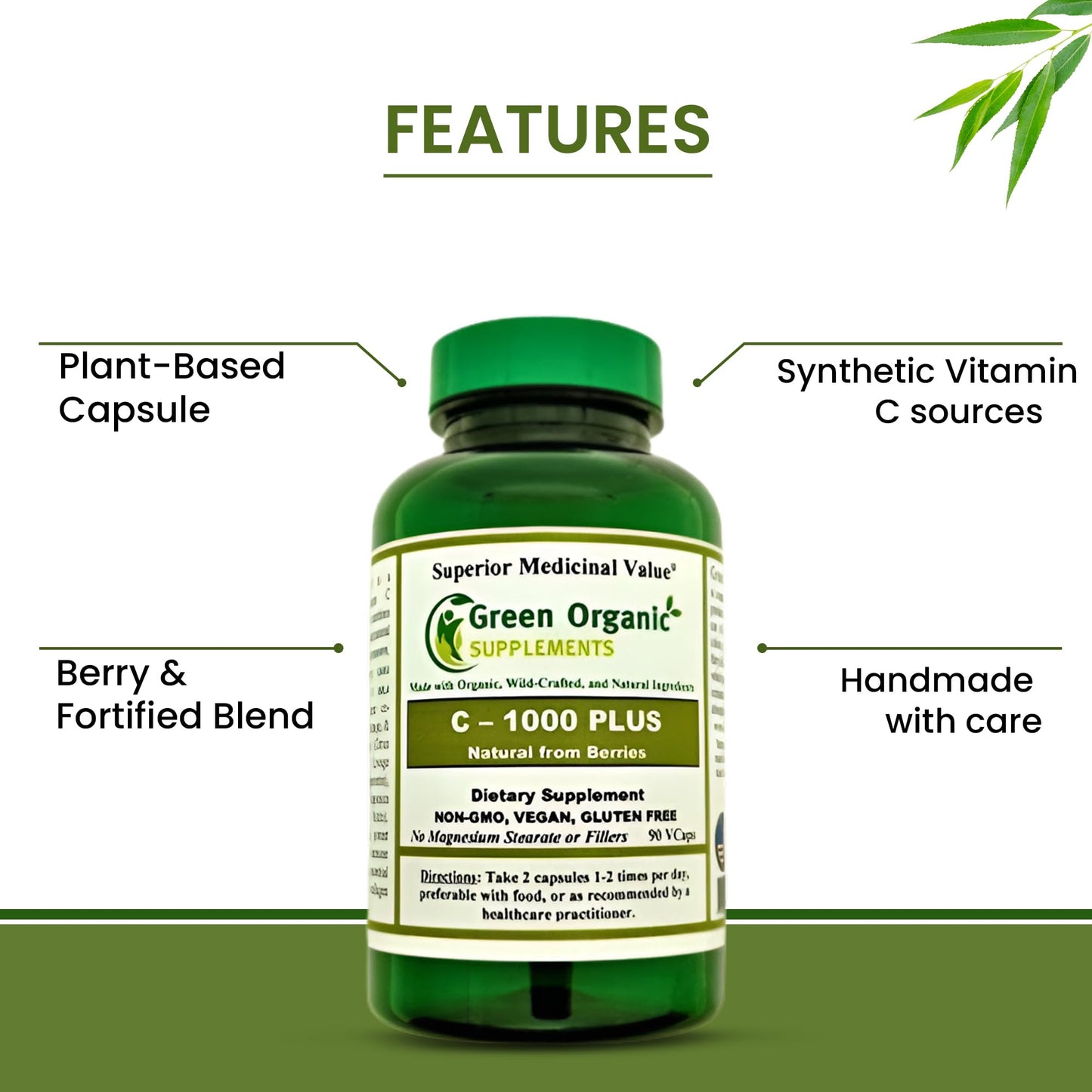 Green Organic Supplements Vitamin C, Natural from Berries Capsules 90