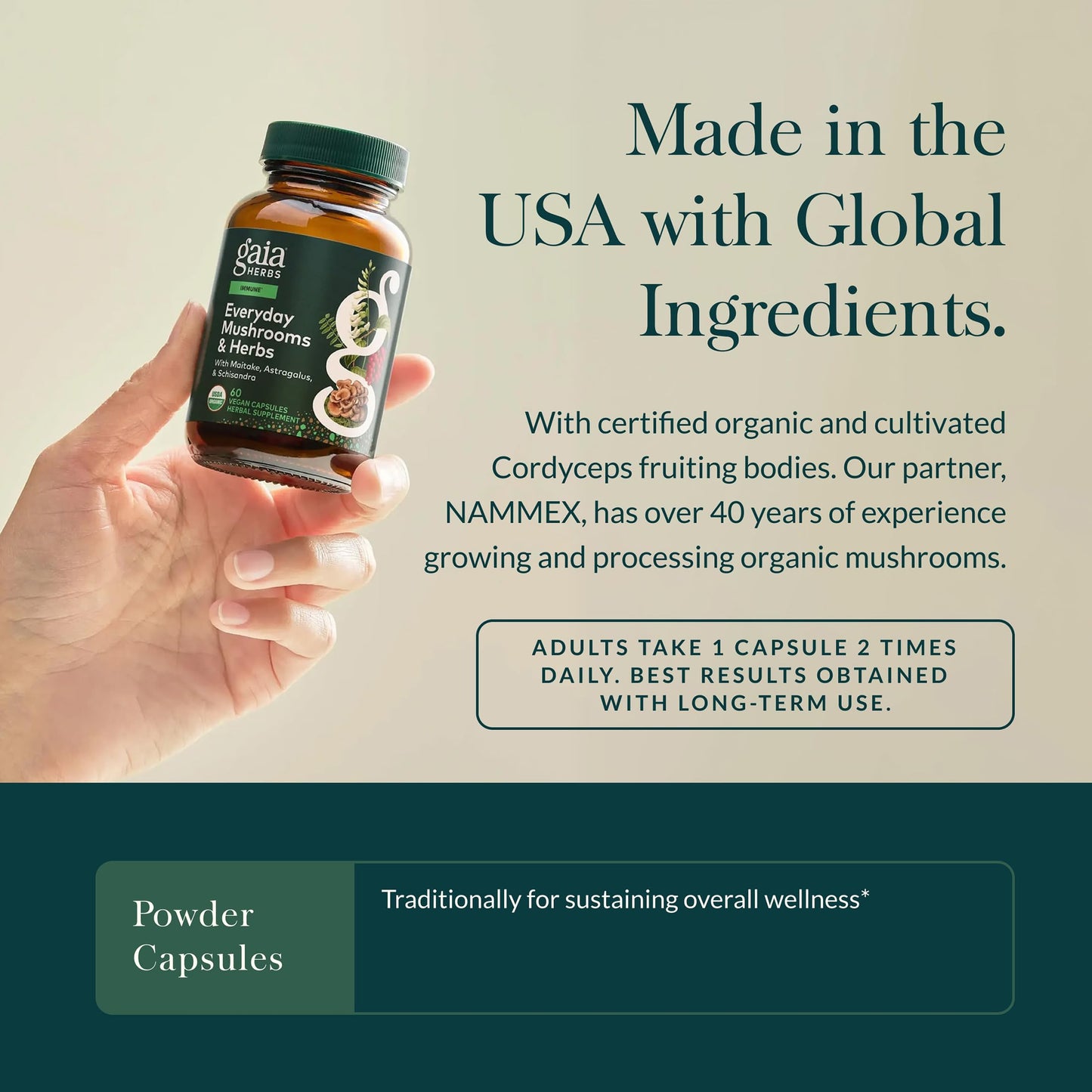 Gaia Herbs Everyday Immune Mushroom & Herbal Support Supplement, 60 Vegan Capsules