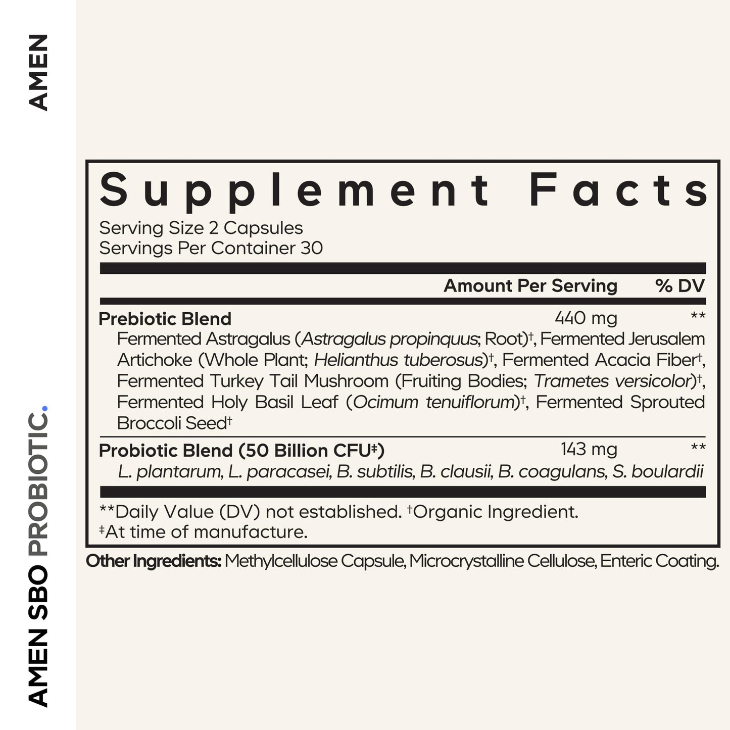 Amen Probiotics Supplement SBO Probiotic and Organic Prebiotics, 50 Billion CFUs, 60 Capsules