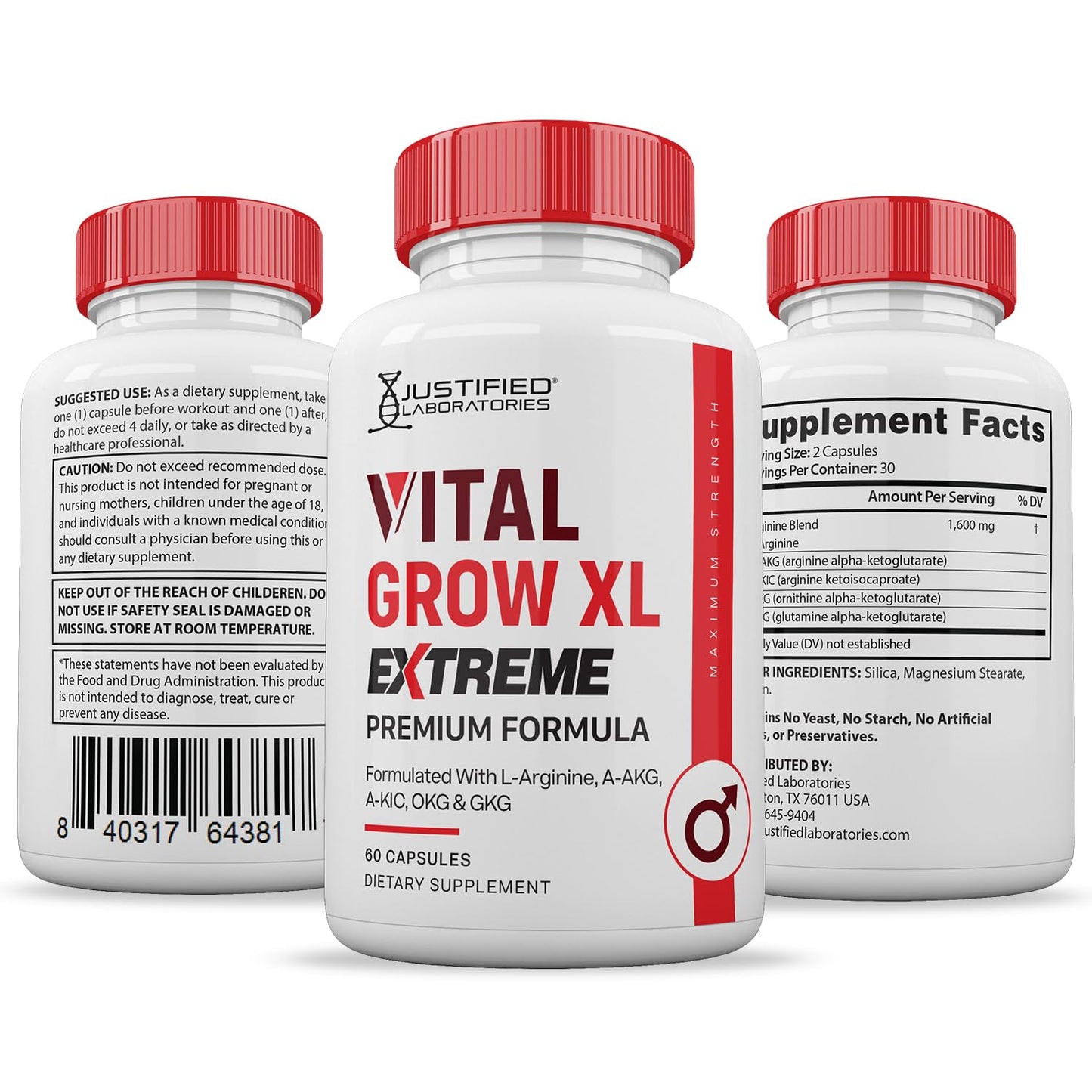 Justified Laboratories Vital Grow XL Extreme Pills 1600MG Premium Formula Proprietary Blend for Men's Health Capsules, 180 Count