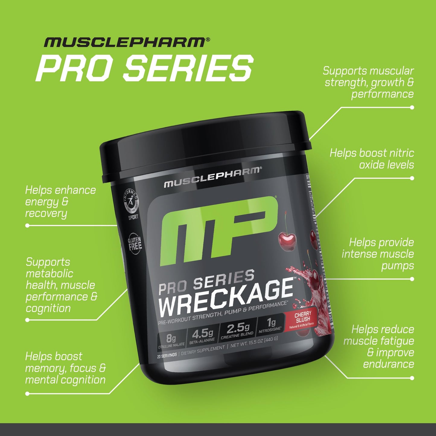 Muscle Pharm Pro Series Wreckage Pre Workout Powder Cherry Slush 15.52 Ounce