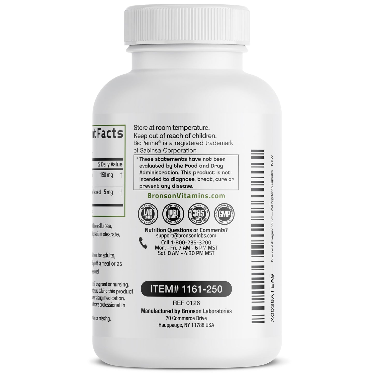Bronson Ashwagandha Extra Strength Stress & Mood Support with BioPerine Capsules, 250 Count