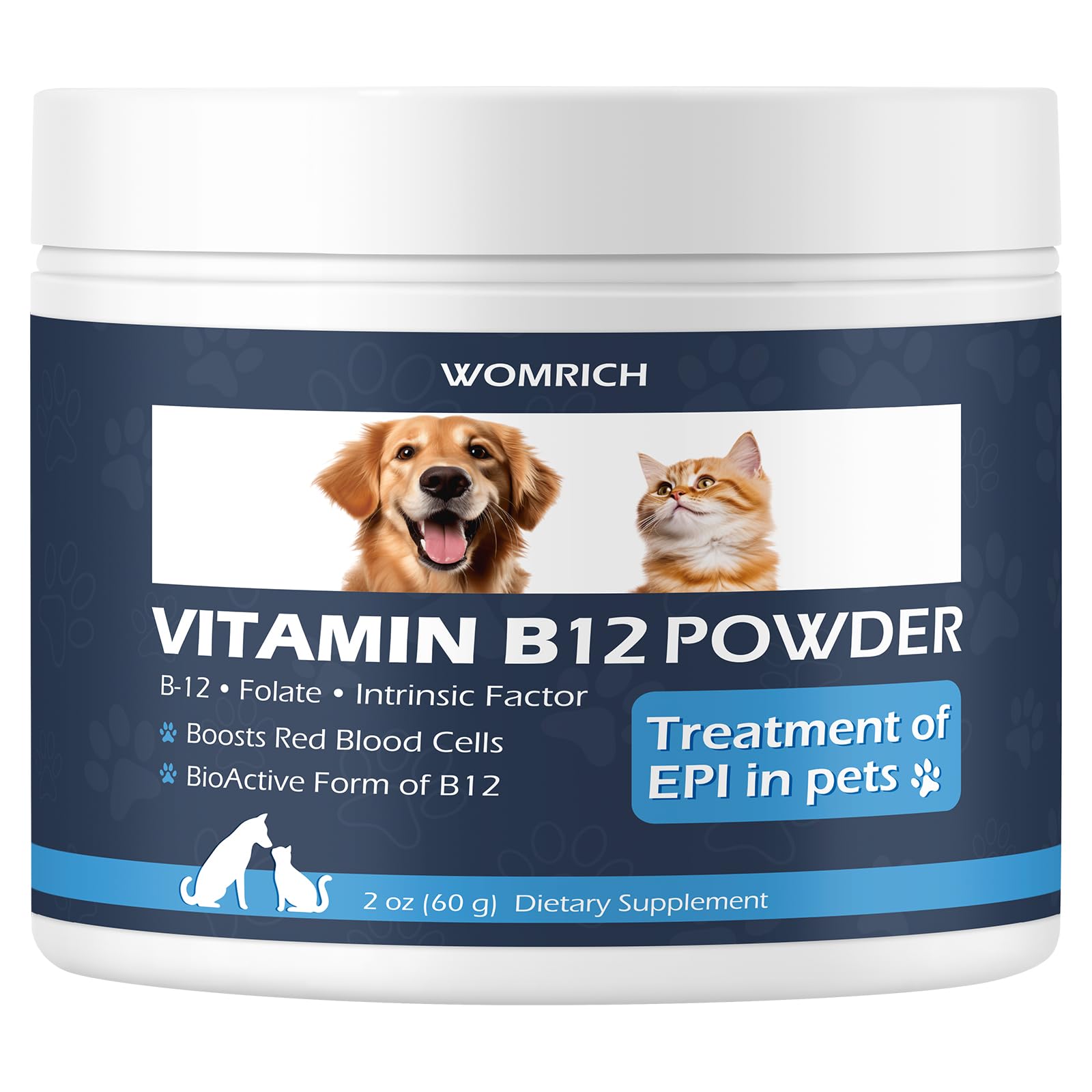 WOMRICH Vitamin B12 Powder for Cats & Dogs, Methylcobalamin with Folate and Intrinsic Factor, 60 g