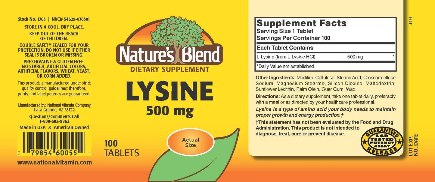 Nature's Blend Lysine 500 mg Tablets, 100 Count
