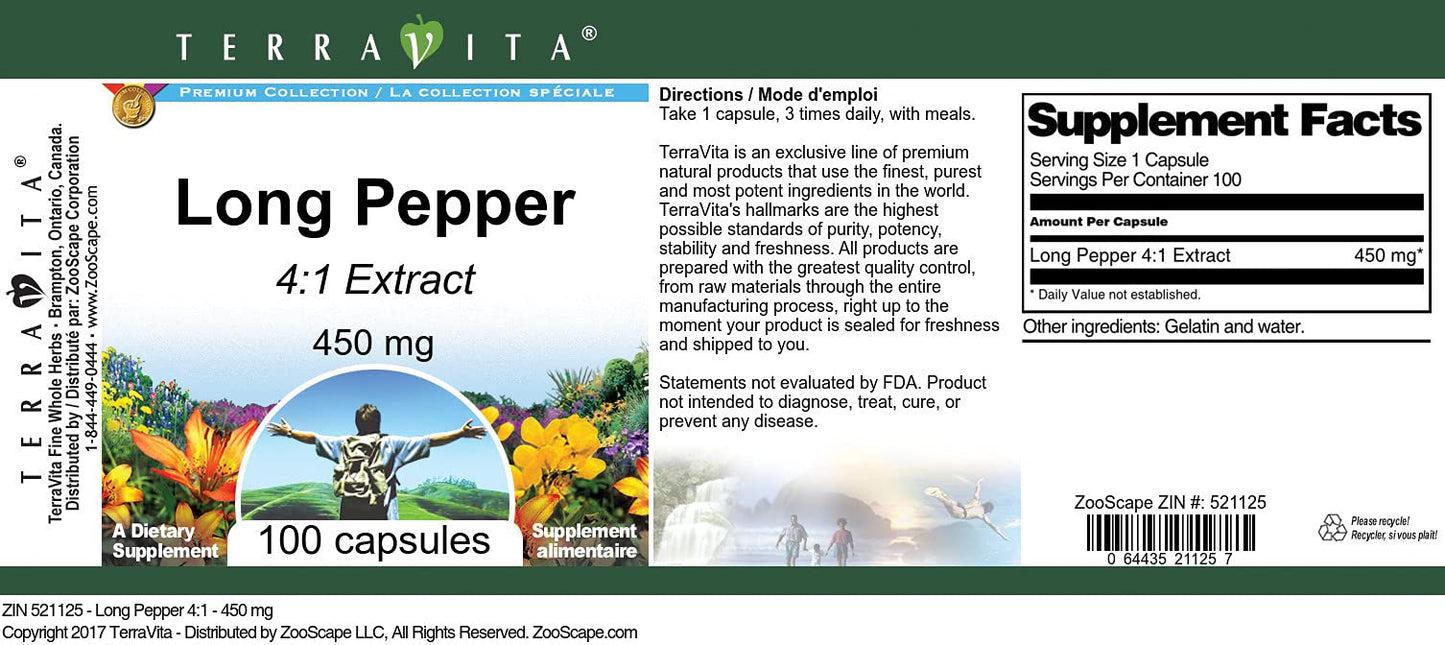 Terravita Long Pepper 4:1-450 mg Capsule, 100 Capsules