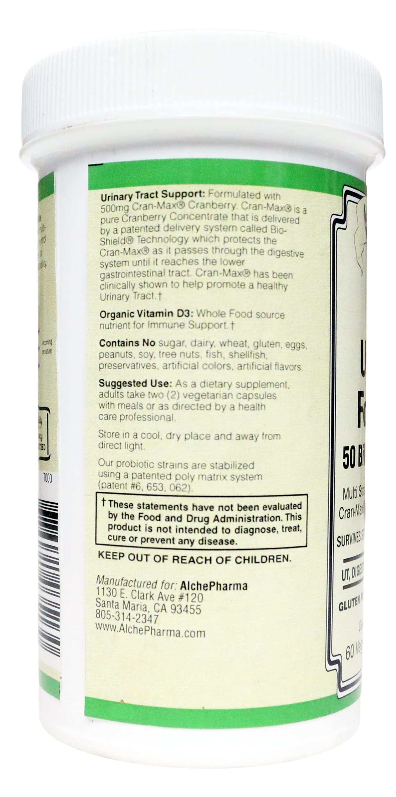AlchePharma Urinary Formula 50 Billion Probiotic Multi-Strain with Pre-Biotic and Cran-Max Powder, 1 Count