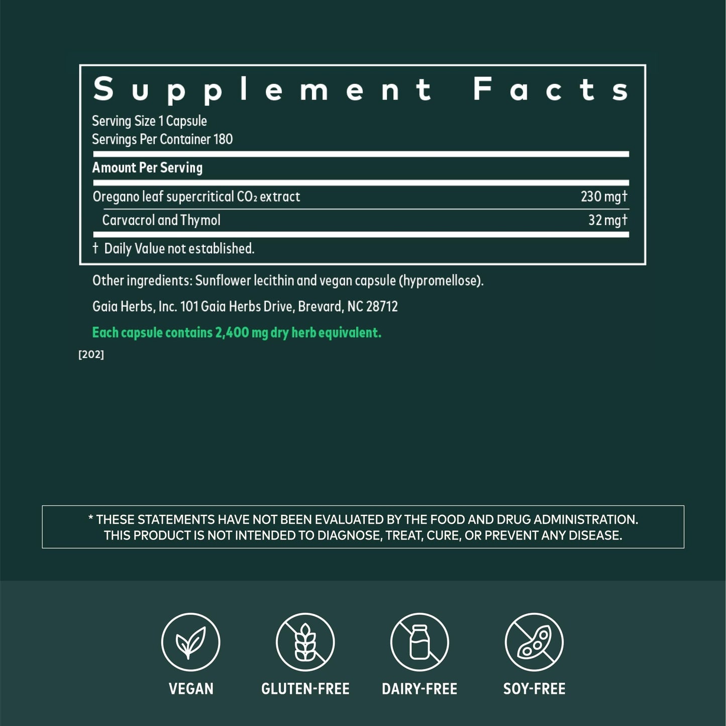 Gaia Herbs Oil of Oregano Capsules - 230 mg Oregano Leaf, Immune & Antioxidant Support with Oregano Oil, Carvacrol & Thymol*, 180 Capsules