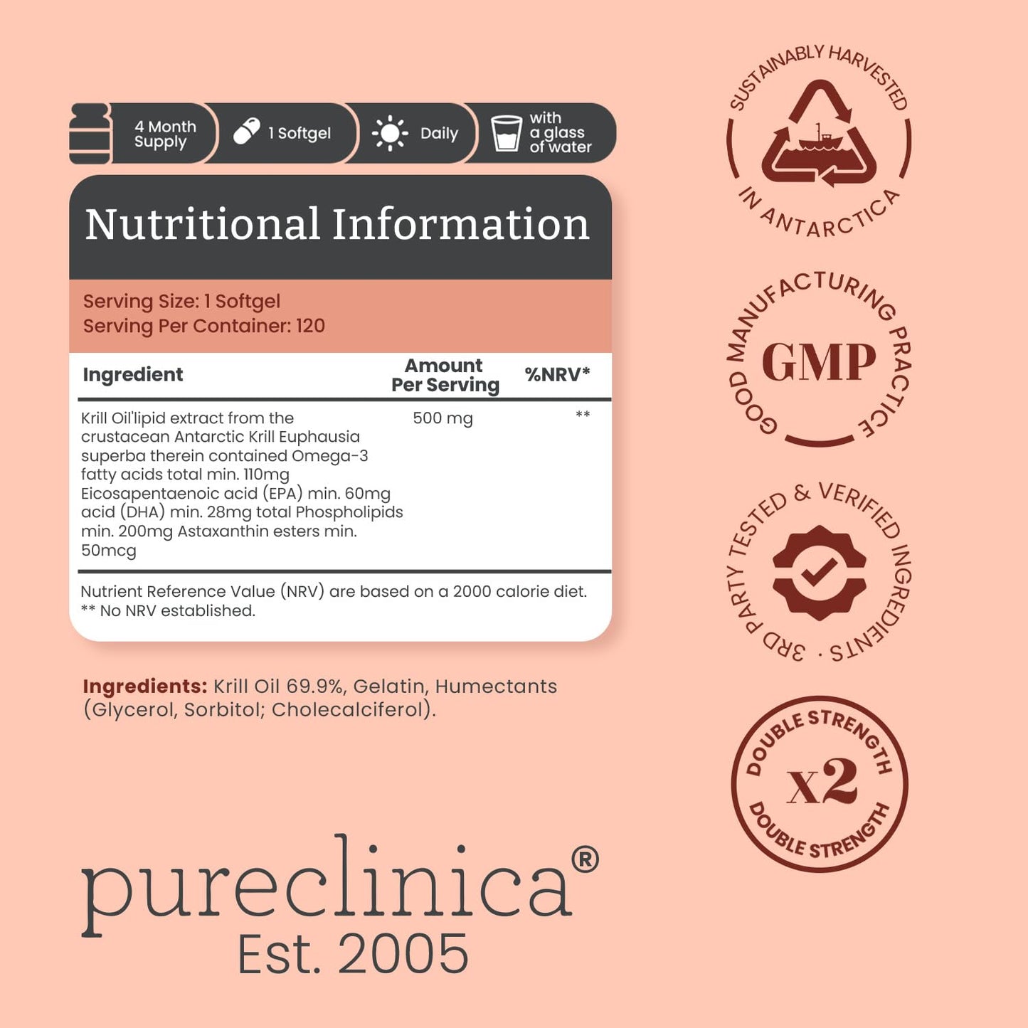Pureclinica Ultra Pure Superba Krill Oil 500mg Softgel, 120 Softgels