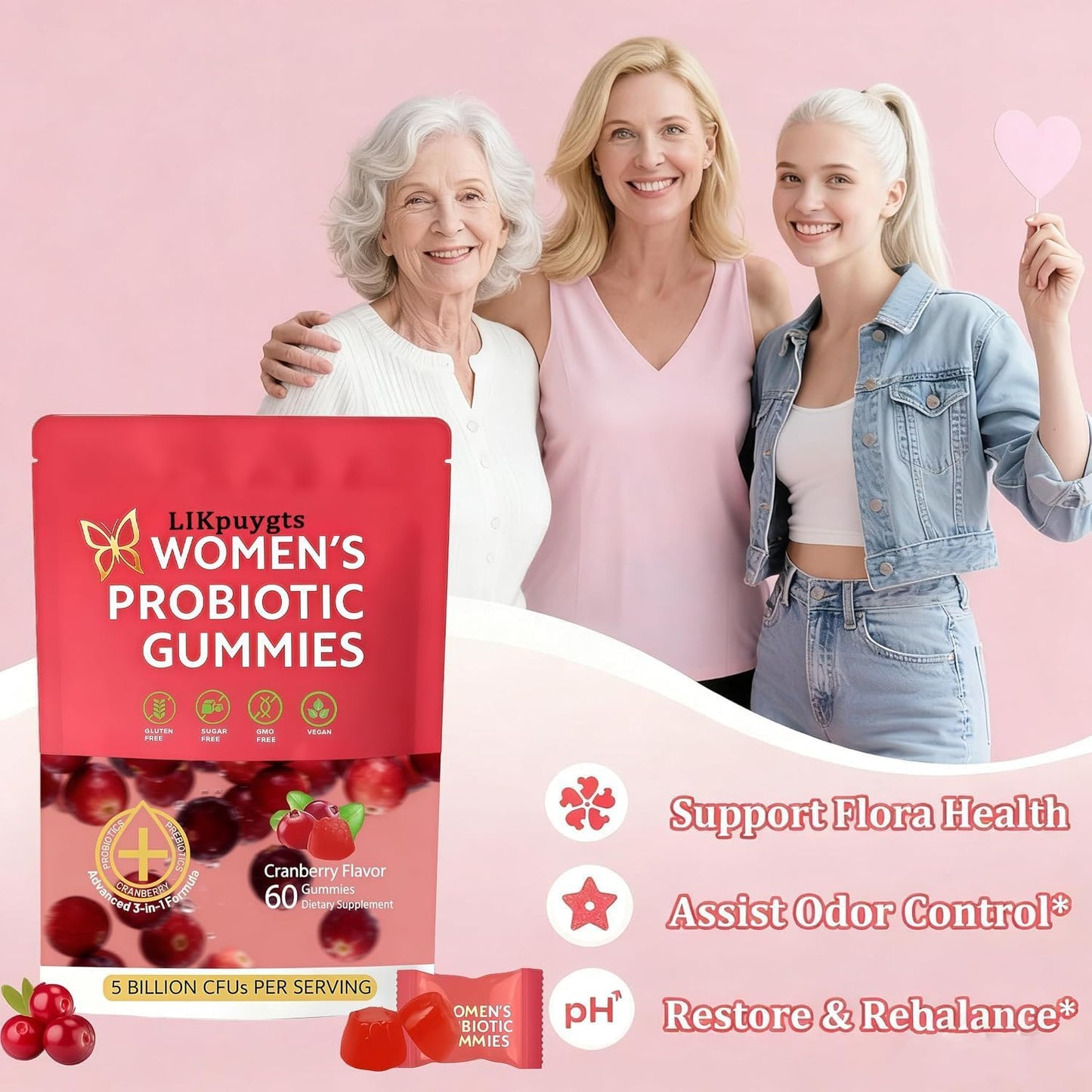 Llkpuygts Prebiotic Probiotic Gummies for Women, 60 Count
