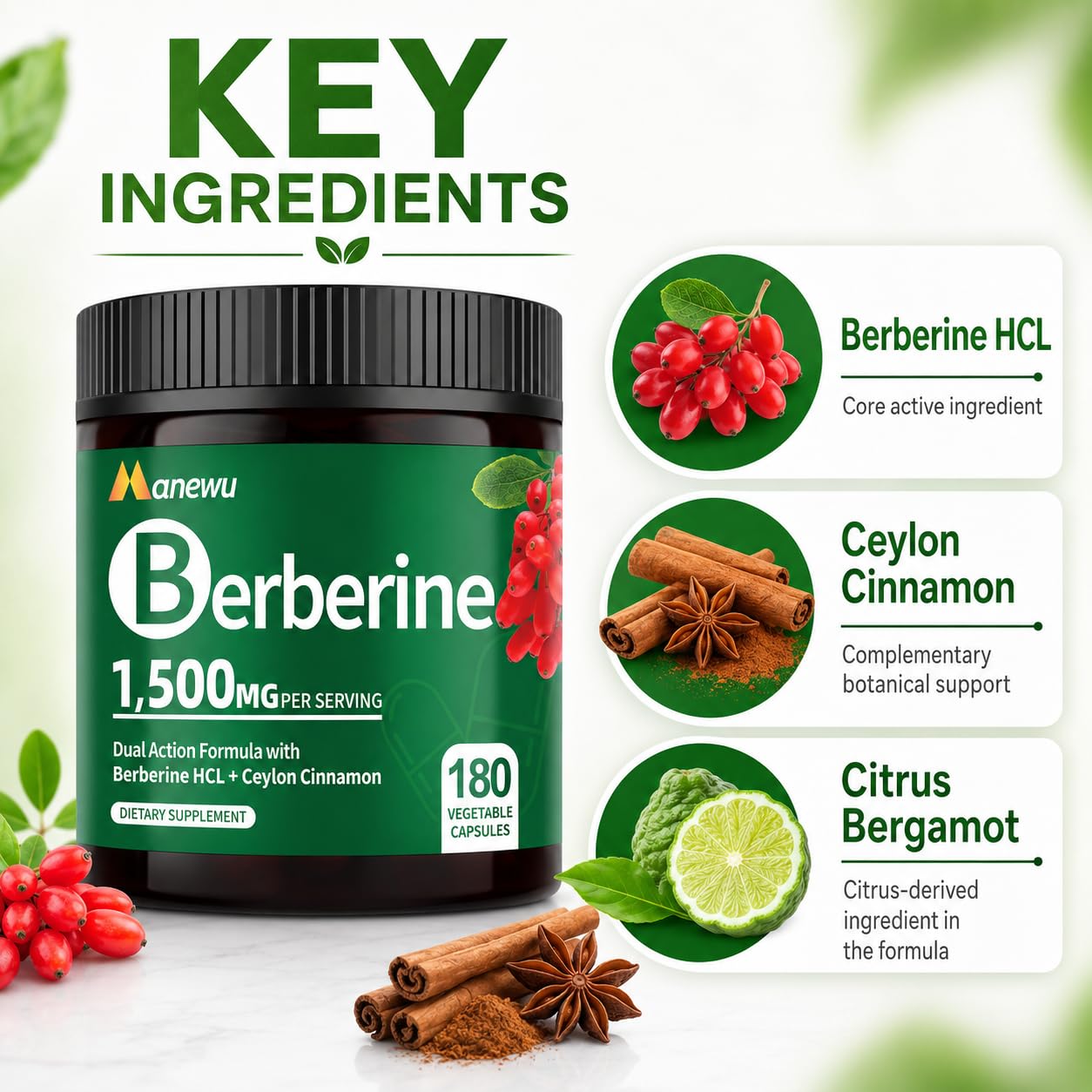 NEOGLI Berberine HCL 1500mg, Ceylon Cinnamon, 180 Capsules