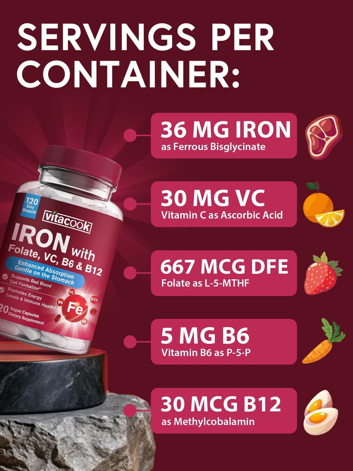Vitacook Iron Supplement for Women & Men, Iron Bisglycine with Vitamin C, B6, B12, Folate, Capsule, 120 Count