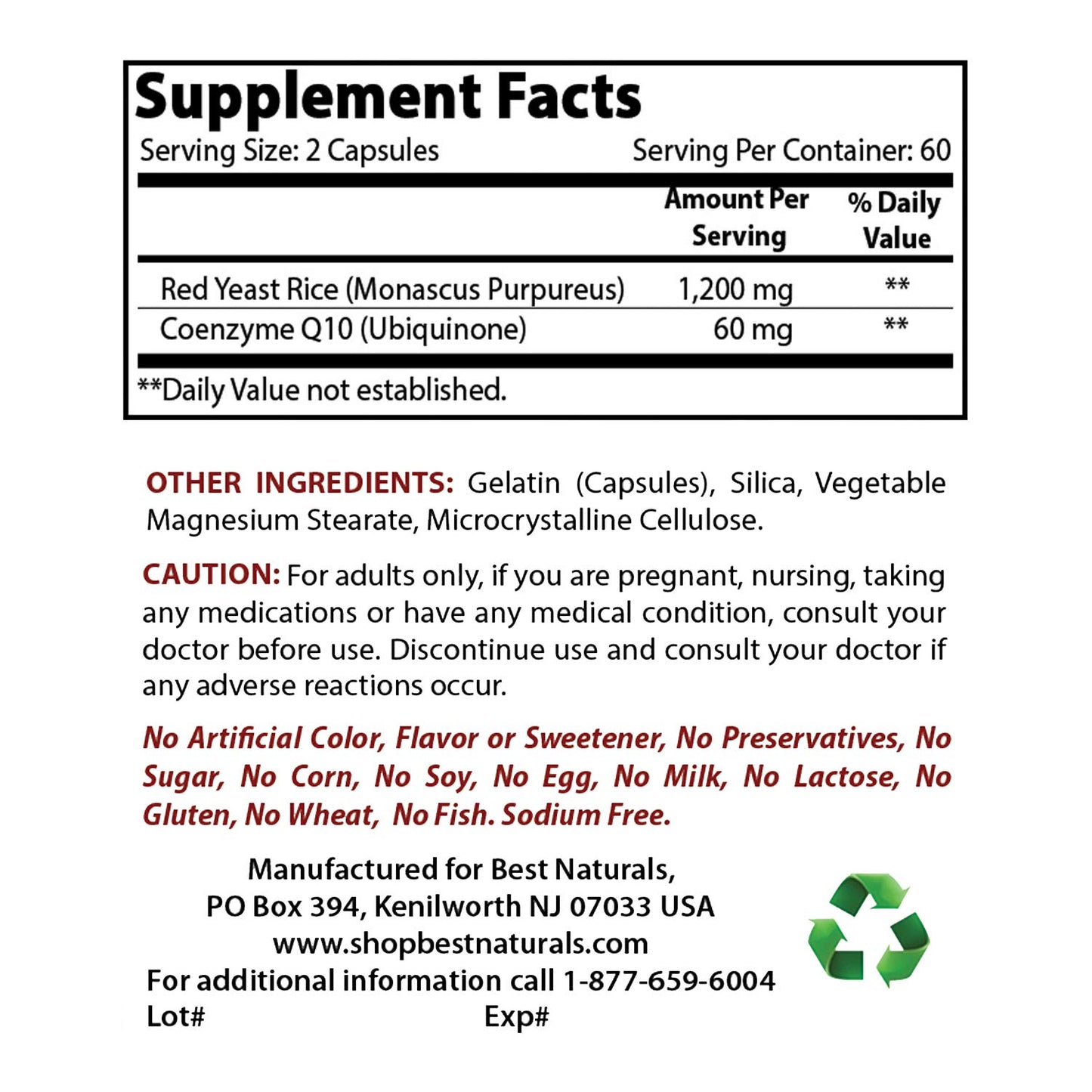 Best Naturals Red Yeast Rice with CoQ10 & Turmeric Curcumin 1500mg/Serving with Bioperine Capsule, 1 Count