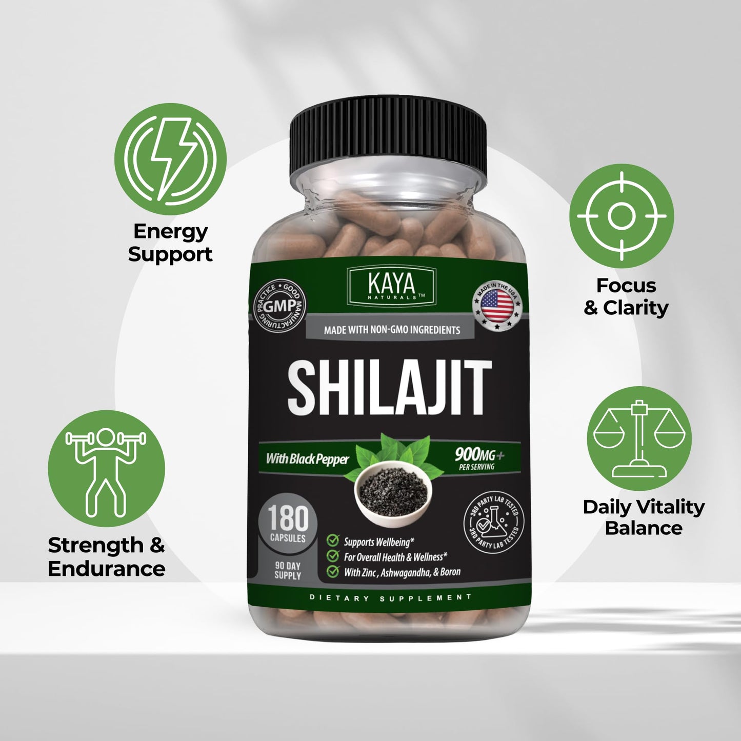 Kaya Naturals Shilajit with Black Pepper 900mg per Serving Capsule, 180 Count