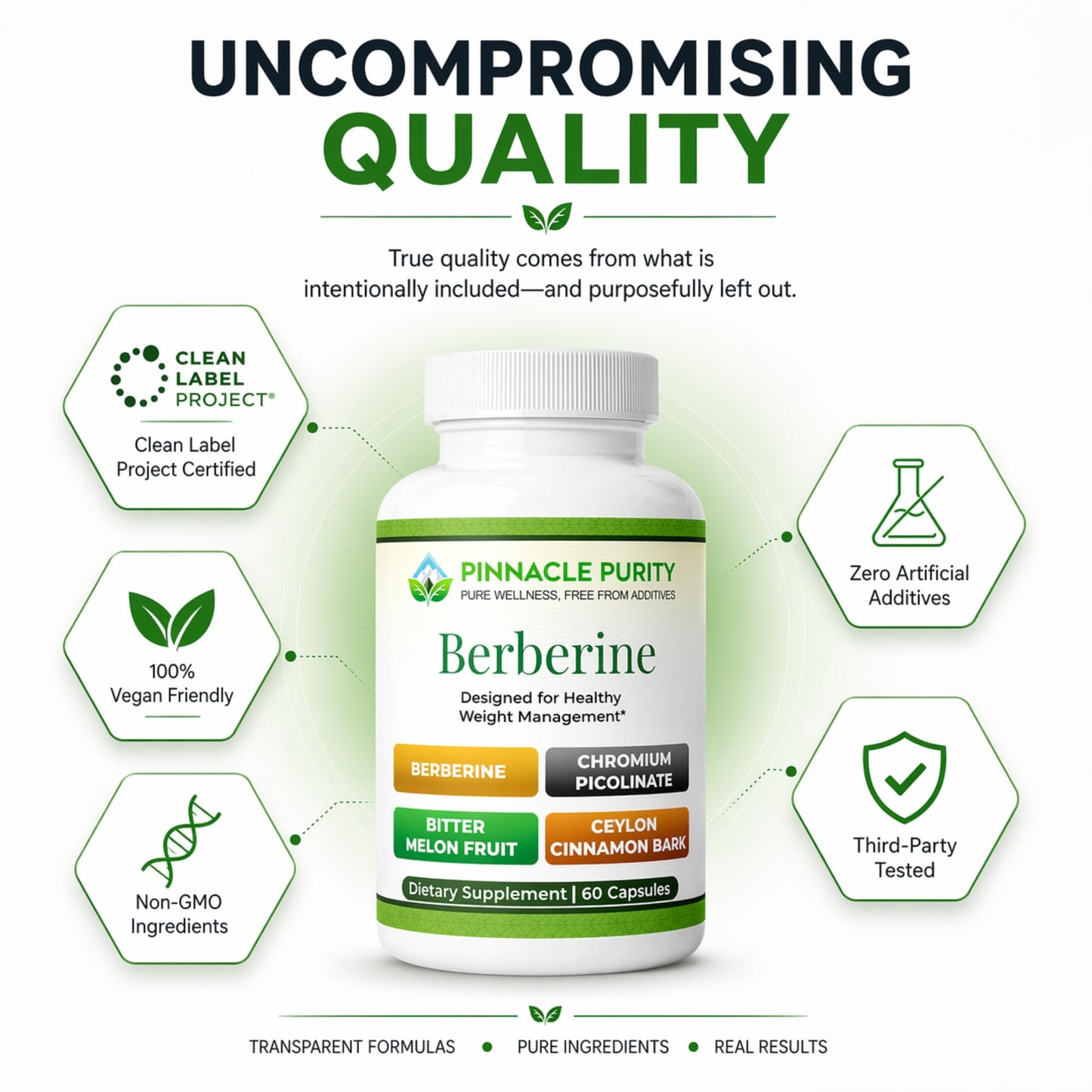 Pinnacle Purity Berberine HCL Supplement with Chromium Picolinate Capsules, 60 Capsules
