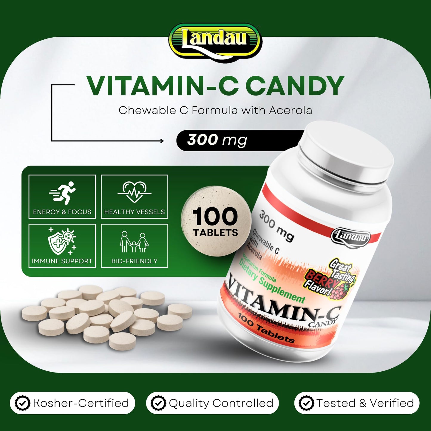 LANDAU Vitamin C 300 mg Tablets Berry Flavor, 100 Count