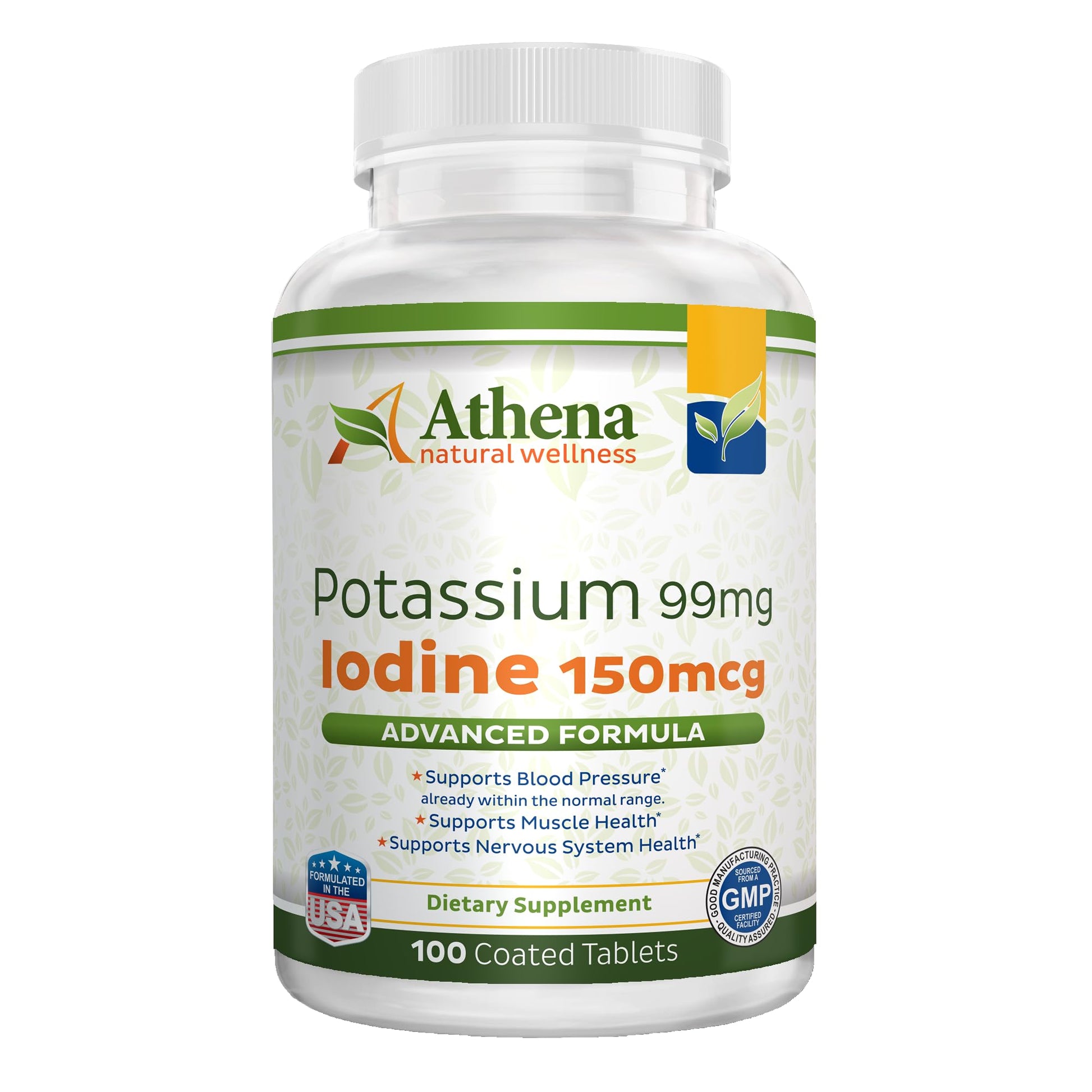 Athena Natural Wellness Potassium 99mg with Iodine 150mcg Supplement Coated Tablets 100 Count