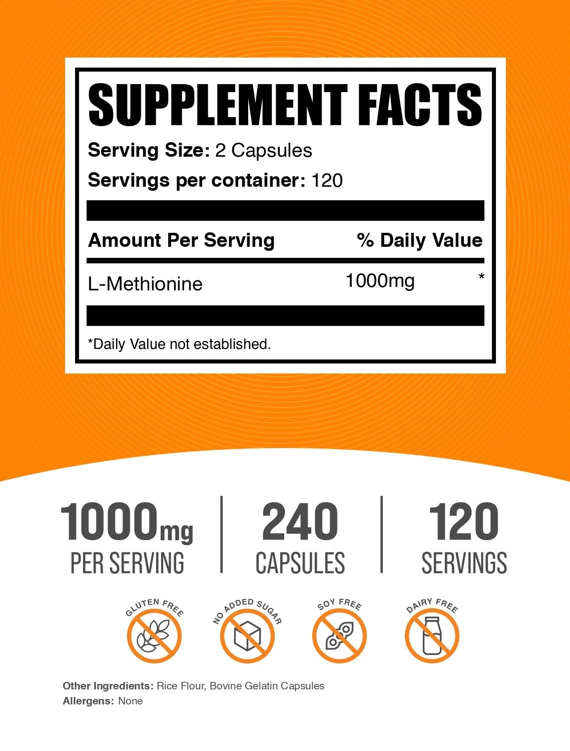 BulkSupplements L-Methionine Capsules, 240 Count