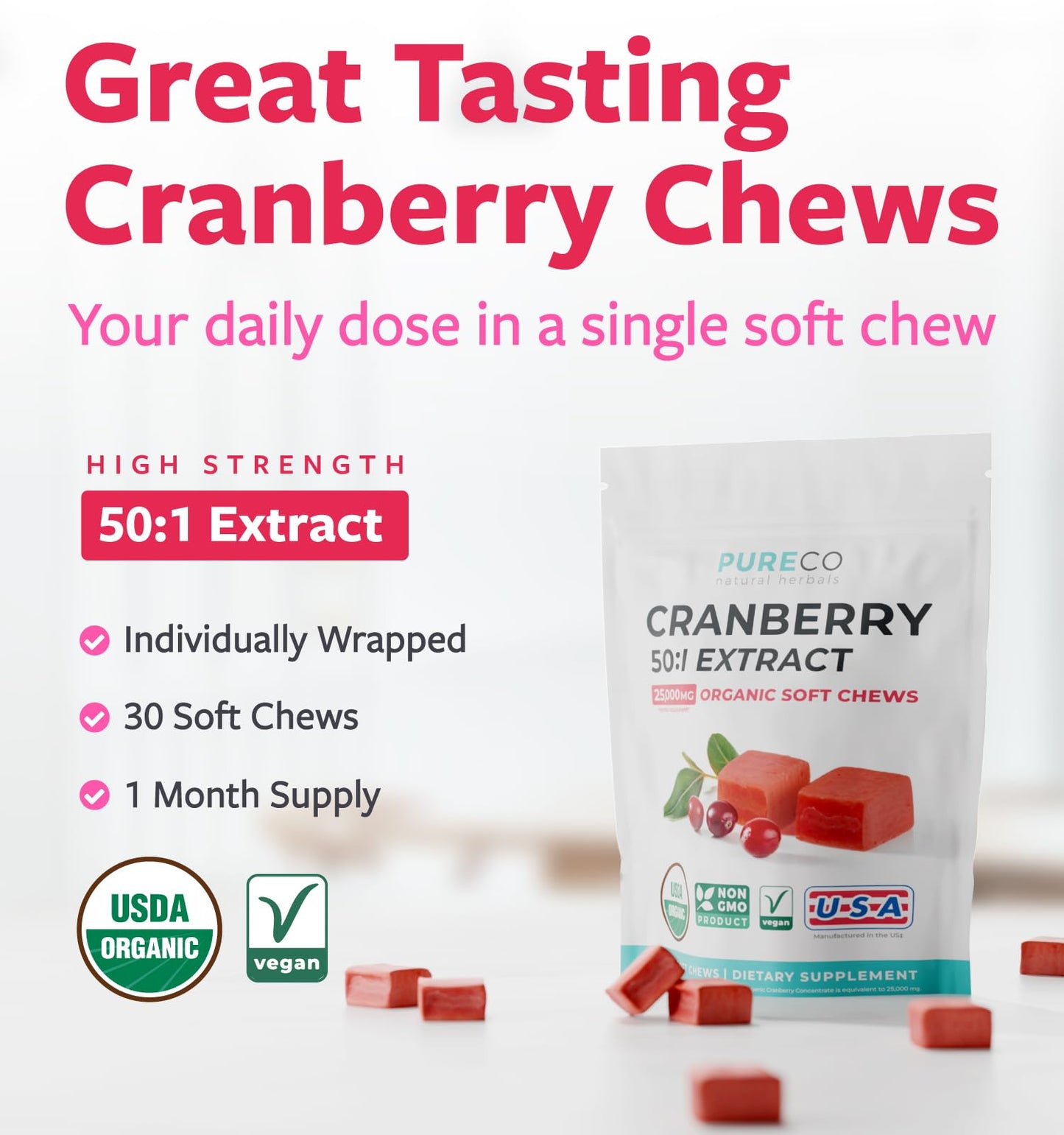 PURE CO Certified Organic Cranberry Soft Chews 30 Count