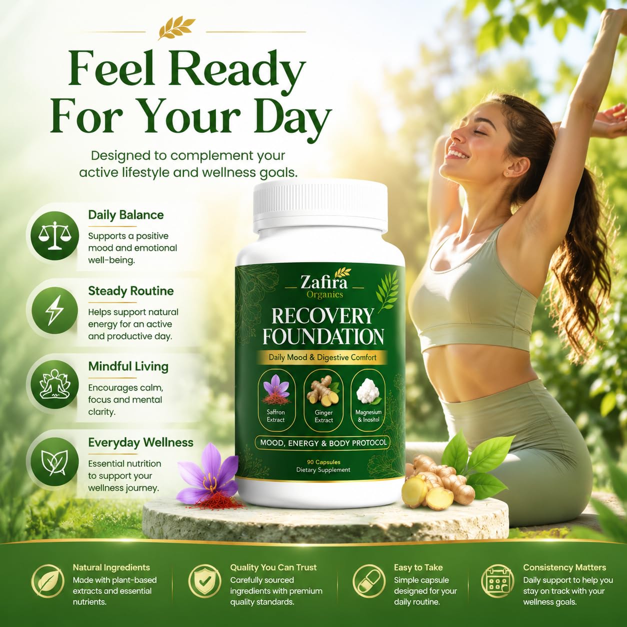 Zafira Organics Recovery Foundation Supplement with Saffron Extract, Ginger Extract, Magnesium & Inositol Complex 90 Capsules