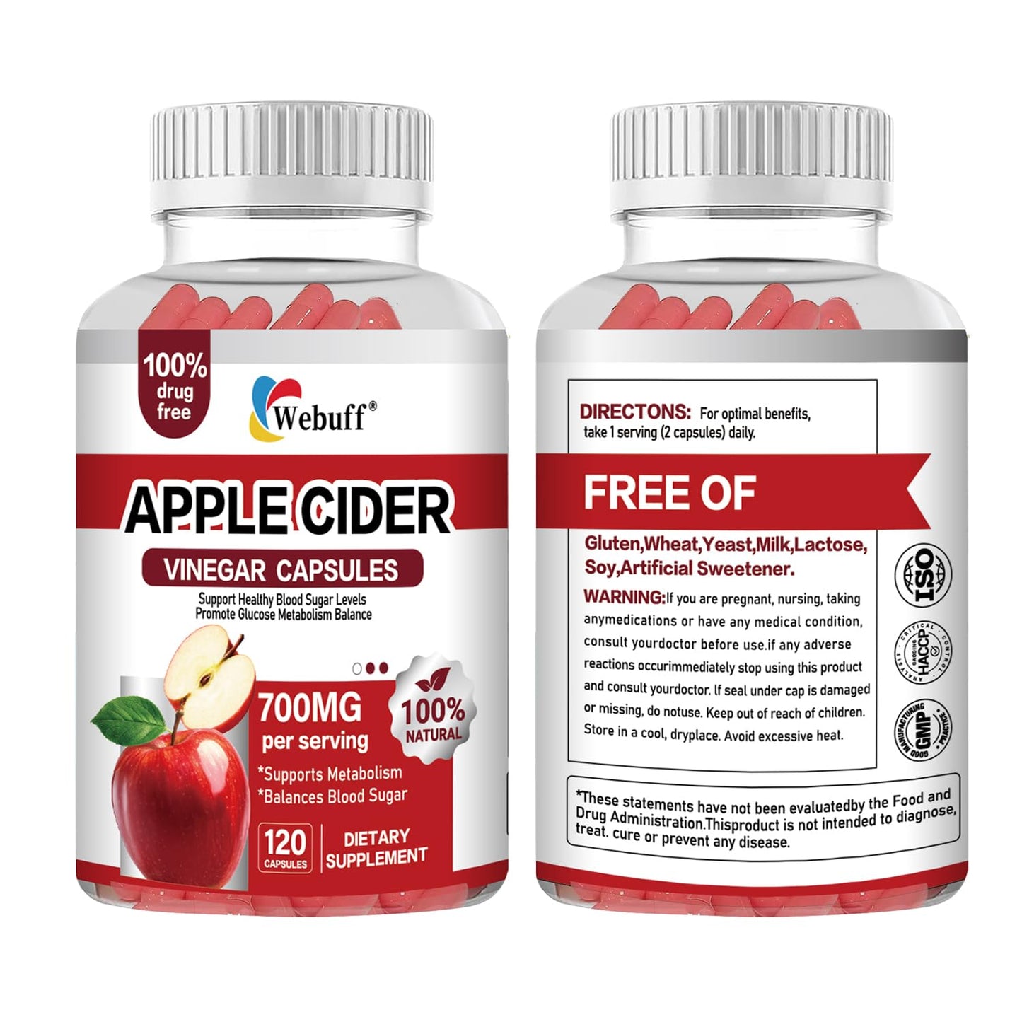 Webuff Apple Cider Vinegar 700mg with Mother Vegan, 240 Capsules