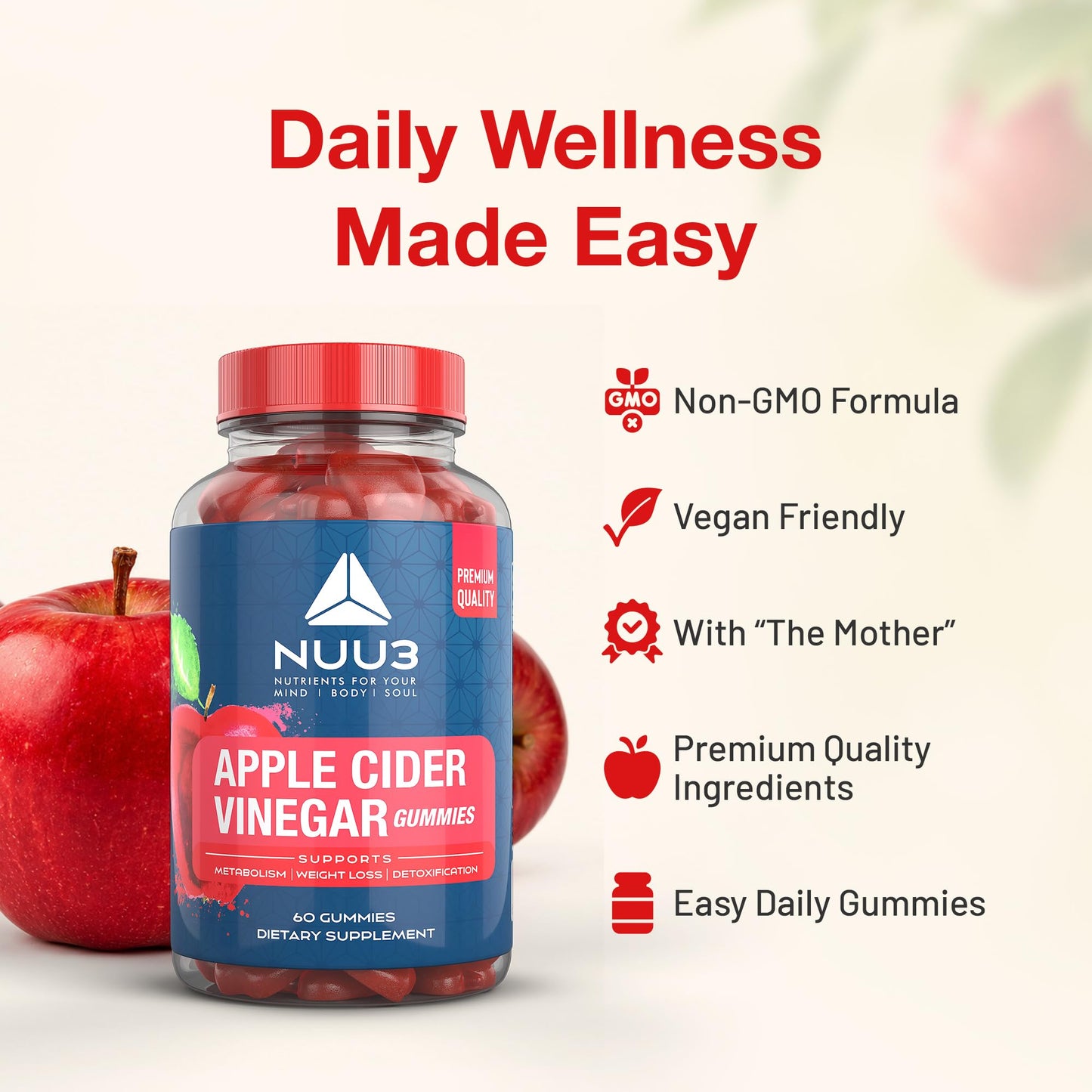 NUU3 Apple Cider Vinegar Gummies 60 Count
