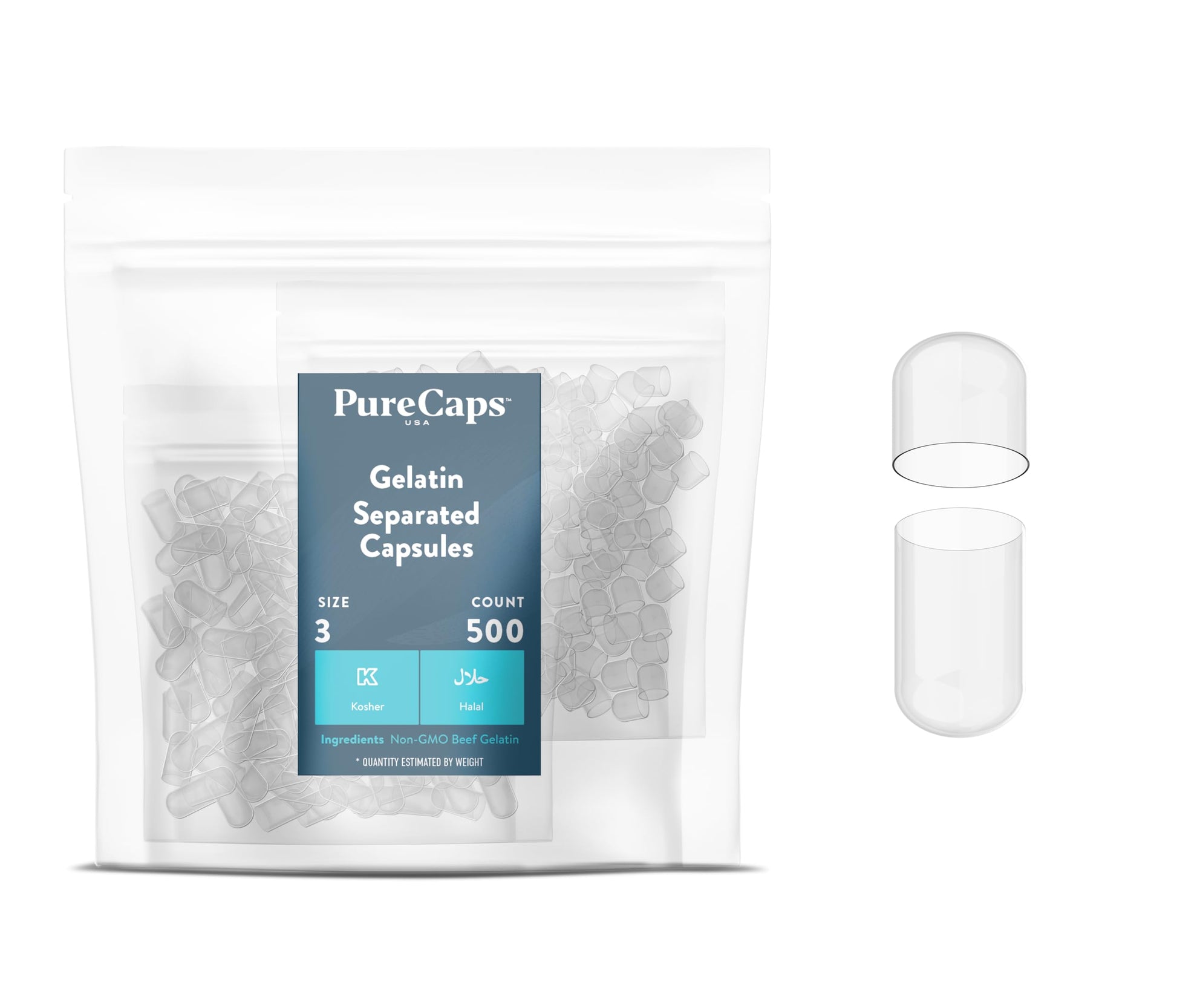 PureCaps USA Empty Gelatin Capsules Size 3, 500 Capsules