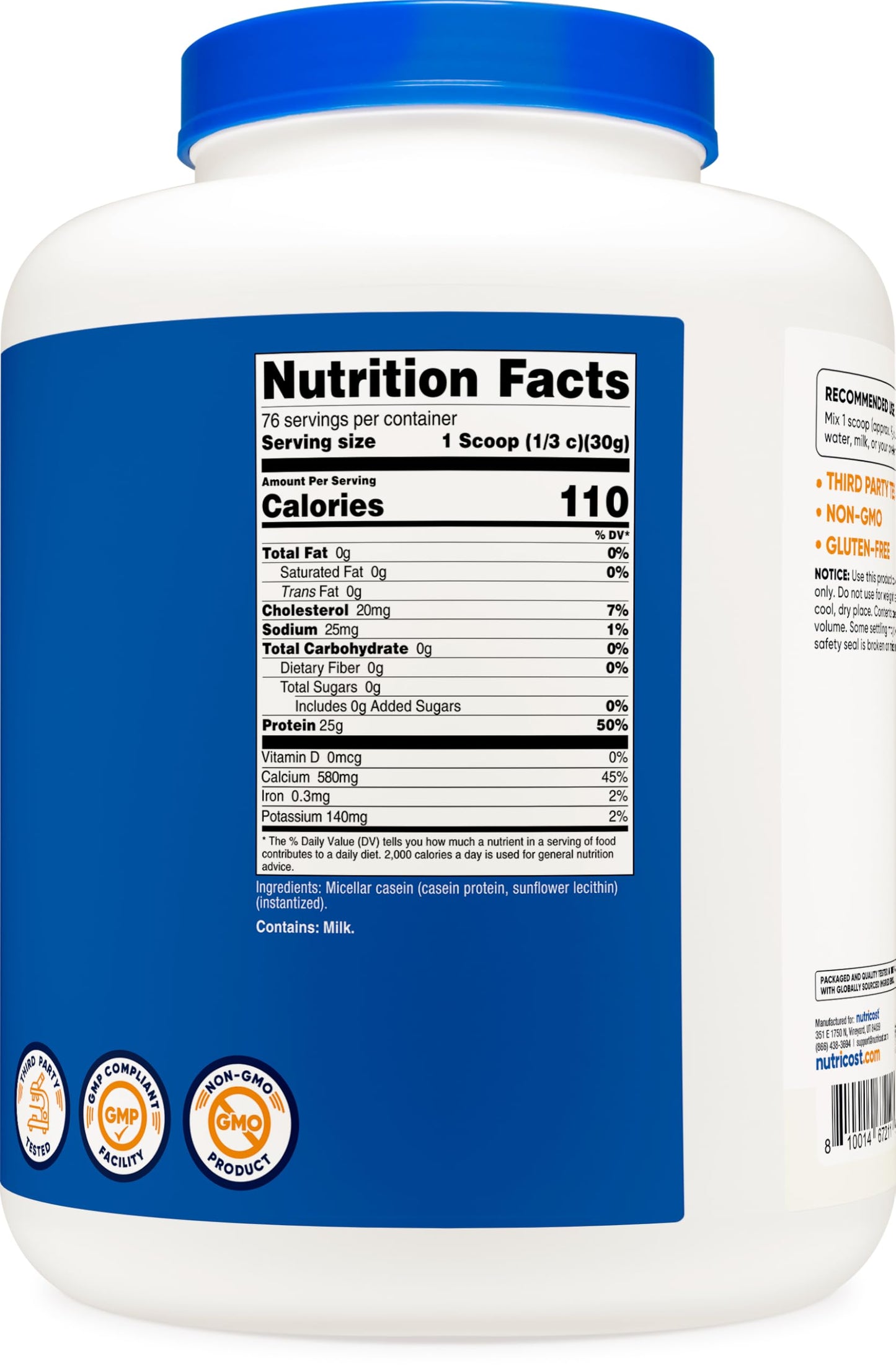Nutricost Casein Protein Powder Micellar Casein Unflavored, 80 Servings
