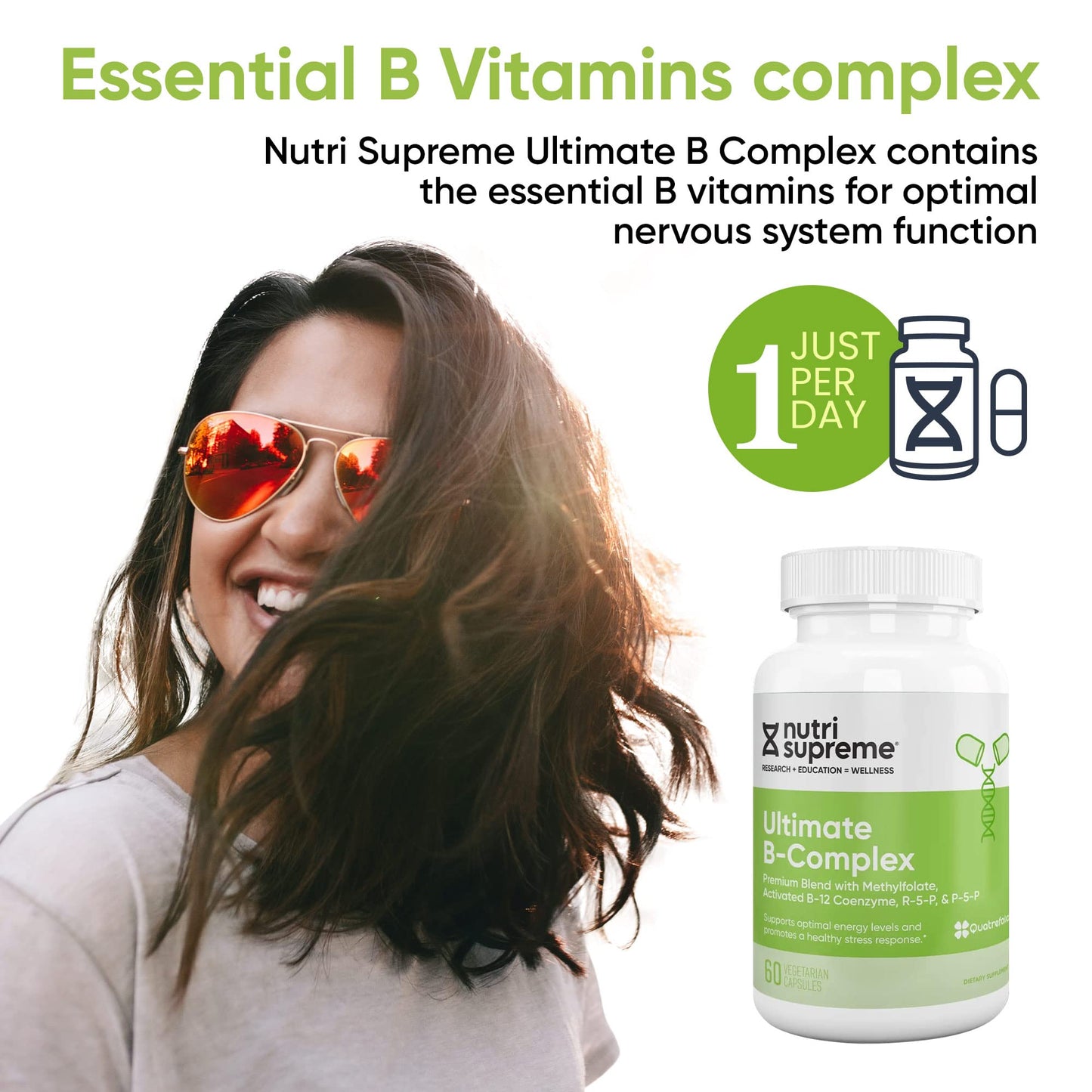 NUTRI-SUPREME RESEARCH Nutri Supreme Ultimate B Complex Highly Absorbable Essential B Vitamins with Methylfolate to Support Nervous System Function, 60 Capsules