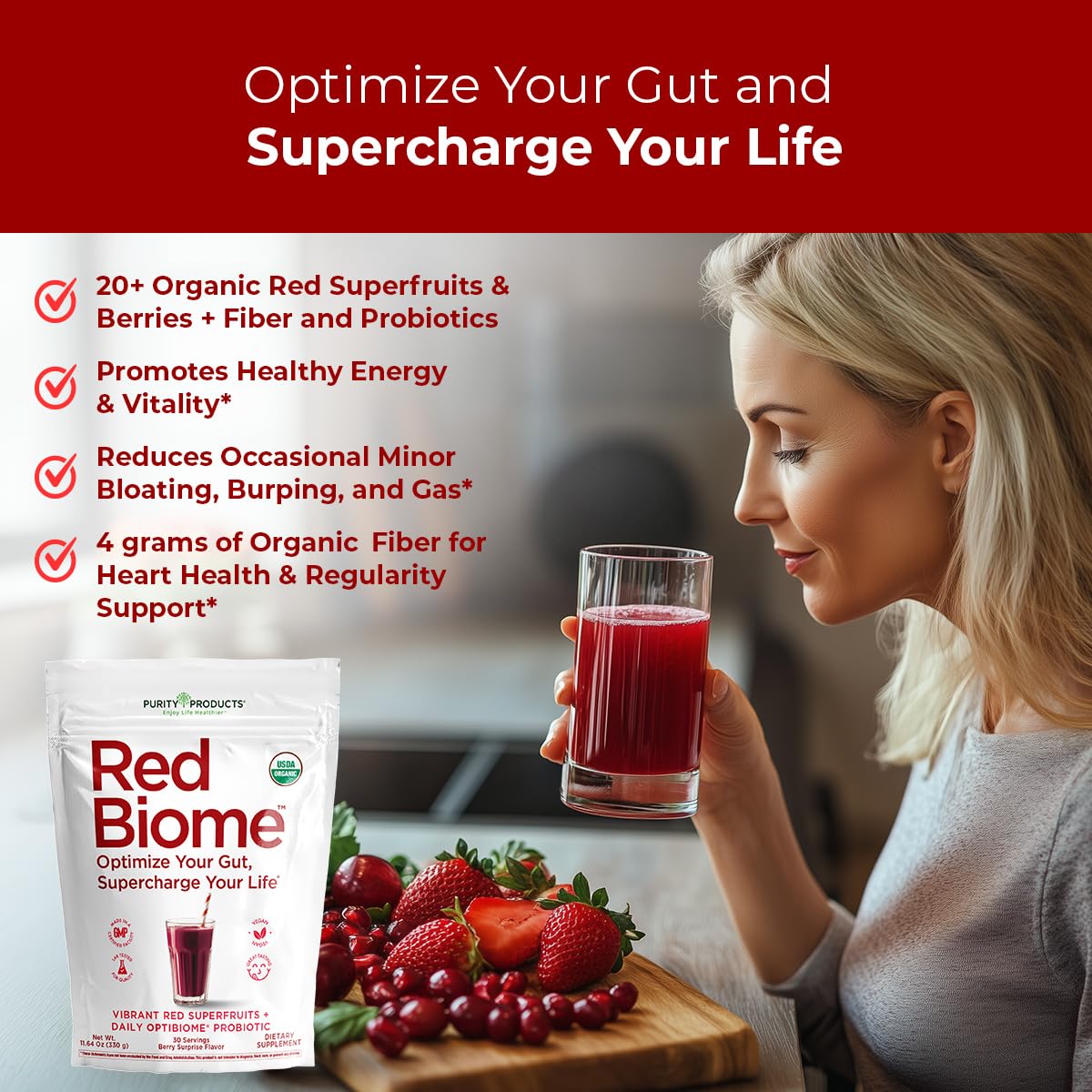 Purity Products Red Biome – Gut Biome & Digestive Health Support with OPTIBIOME Probiotic 11.64 Ounce Powder