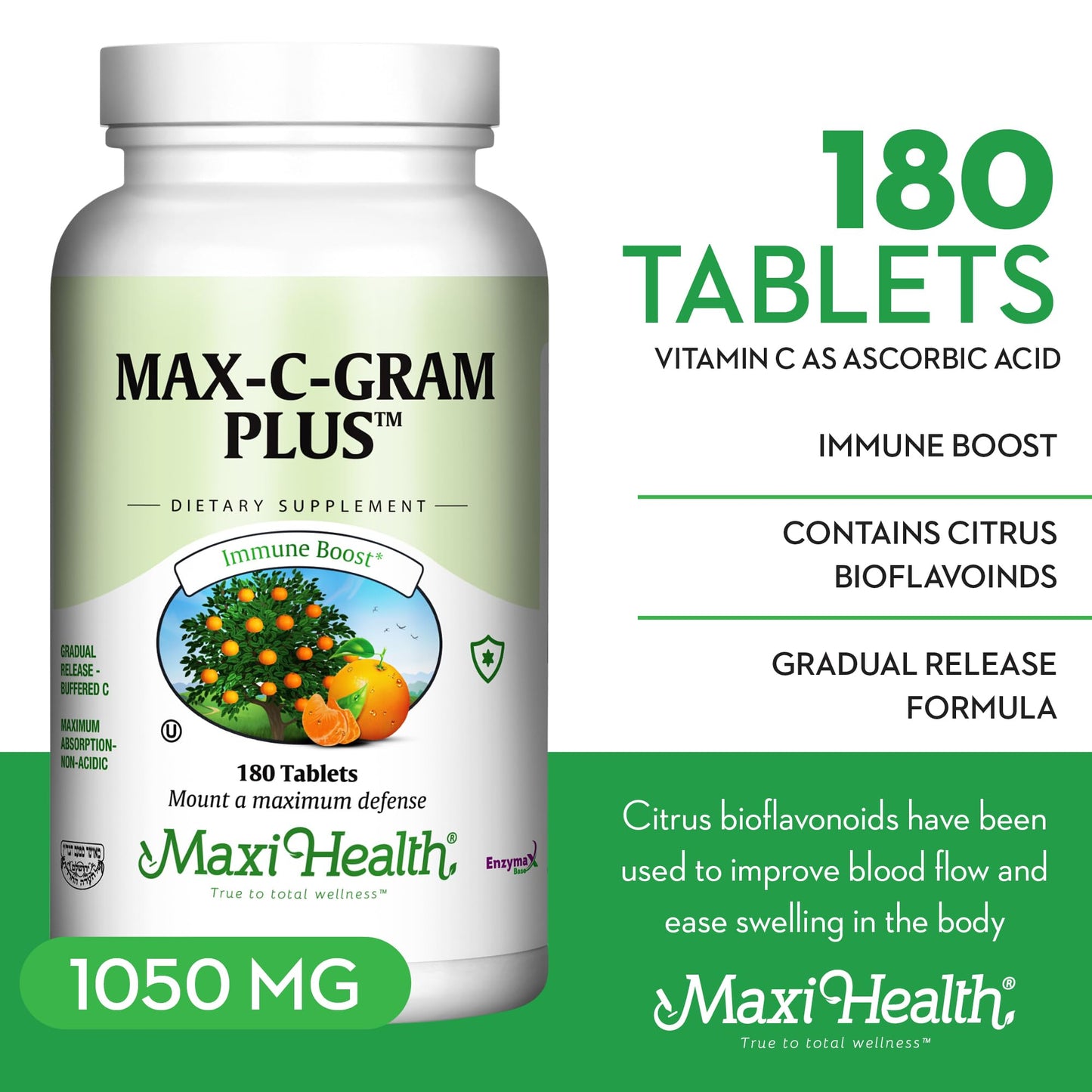 Maxi Health Vitamin C 1050mg – Buffered C Complex with Calcium Ascorbate & Bioflavonoids – 90 Tablets