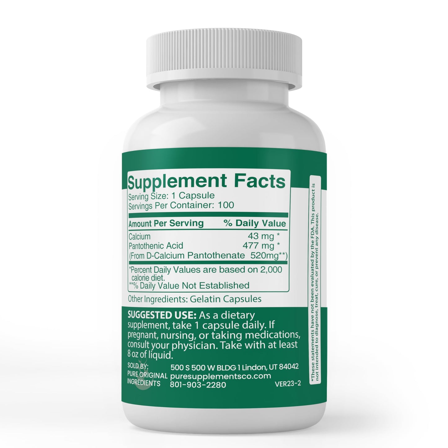 Pure Original Ingredients Pantothenic Acid Vitamin B5 Capsule 100-Count