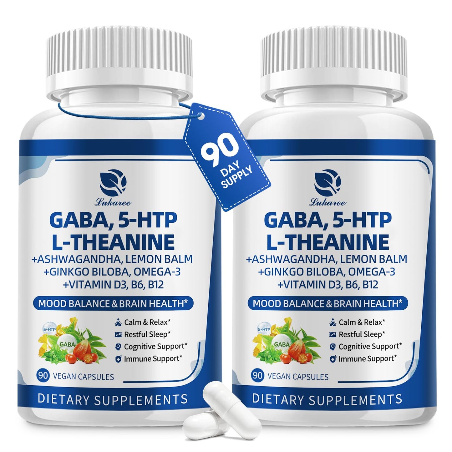Lukaree GABA 750mg with L-Theanine & Ashwagandha Capsules 180 Count