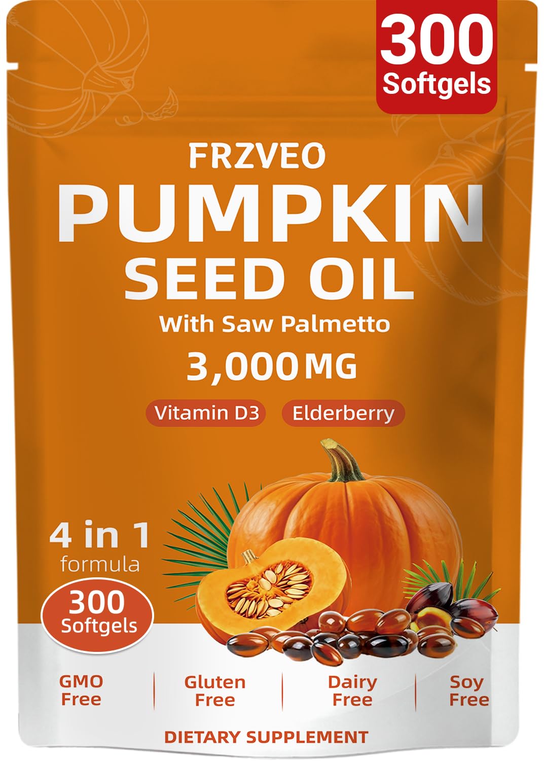 FRZVEO Pumpkin Seed Oil with Saw Palmetto, Vitamin D3 & Elderberry Capsules, 300 Capsules