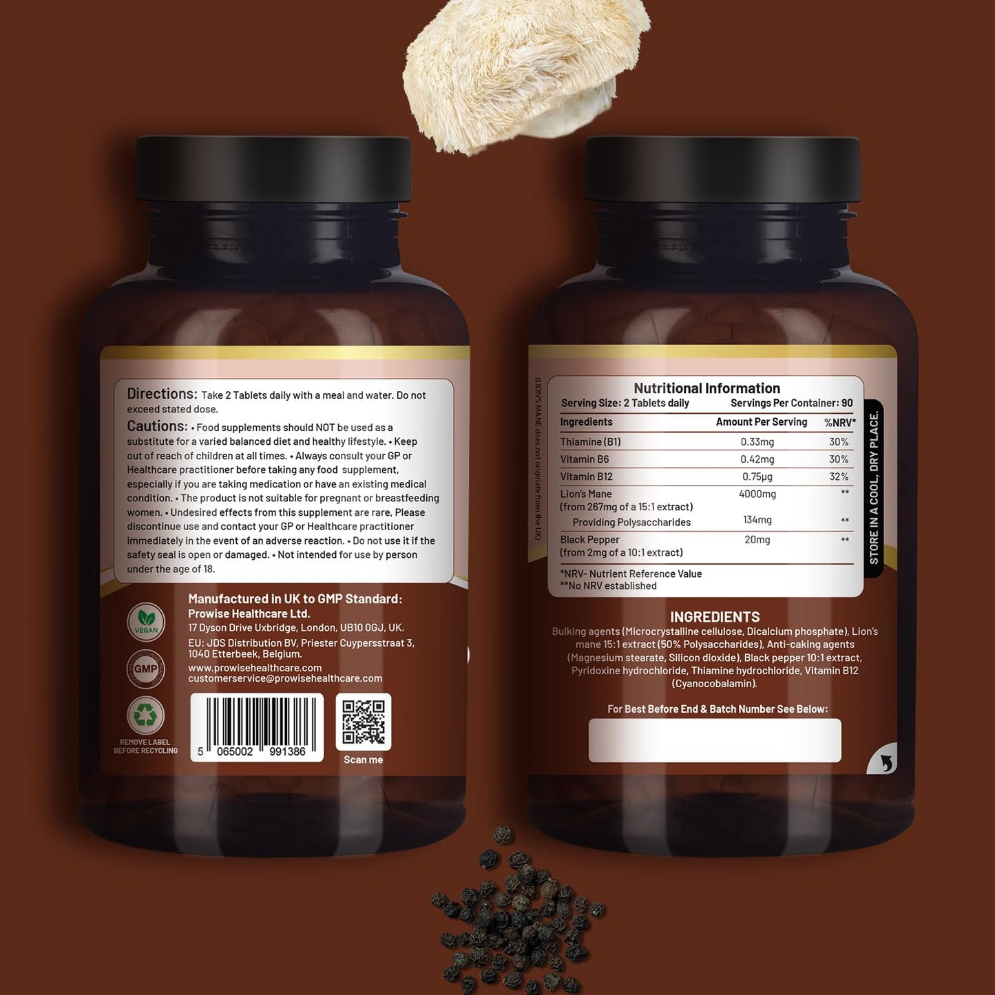 PH PROWISE Healthcare Lions Mane Mushroom Supplement 4000mg with Vitamin B1, B6, B12 & Black Pepper - 180 Super Strength Vegan Tablets with 50% Polysaccharides