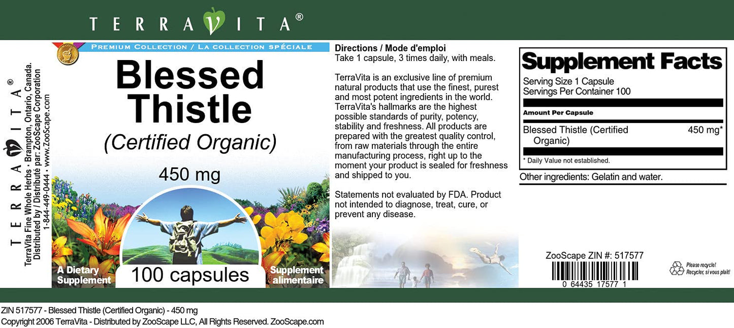 Terravita Blessed Thistle (Certified Organic) 450 mg Capsules, 100 Count