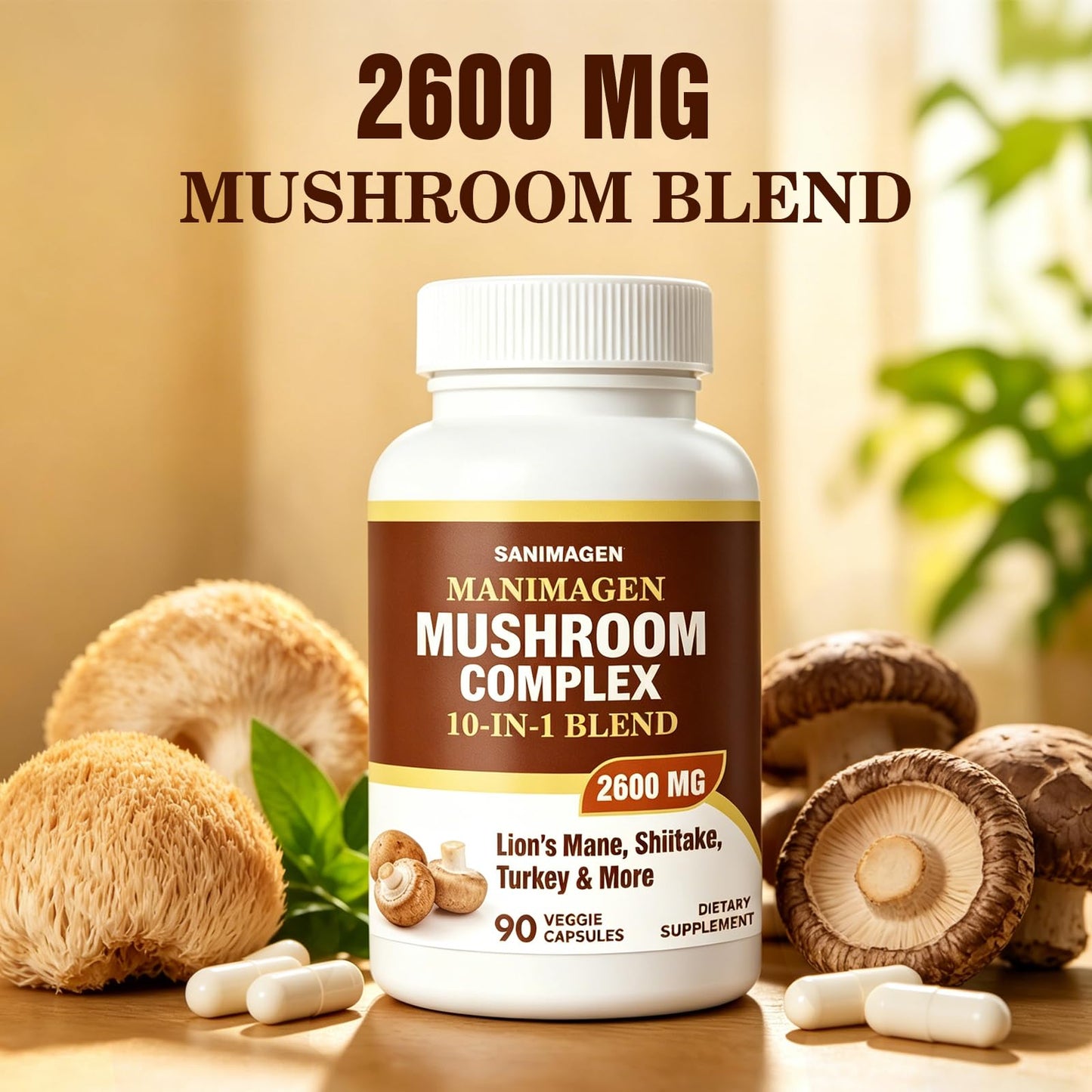 Generic SANIMAGEN Mushroom Supplement 2600mg, 10-in-1 Mushrooms Blend with Lions Mane, Cordyceps, Turkey Tail, Shiitake, 90 Capsules