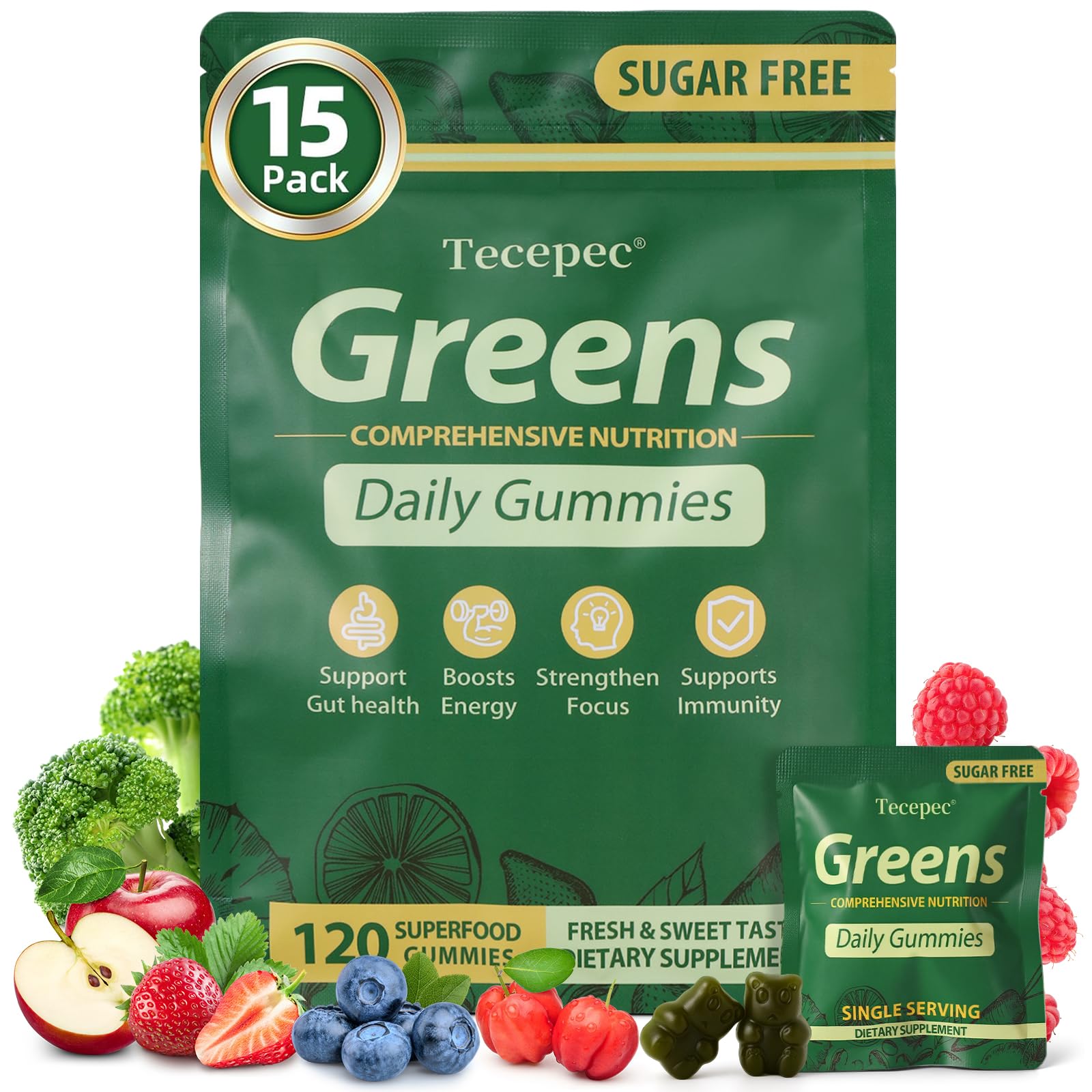 Tecepec Sugar Free Greens Daily Gummies with Spirulina & Chlorella, Prebiotics & Fiber, Adaptogens Multivitamin for Women and Men Digestive Health, Non-GMO, 120 Gummies
