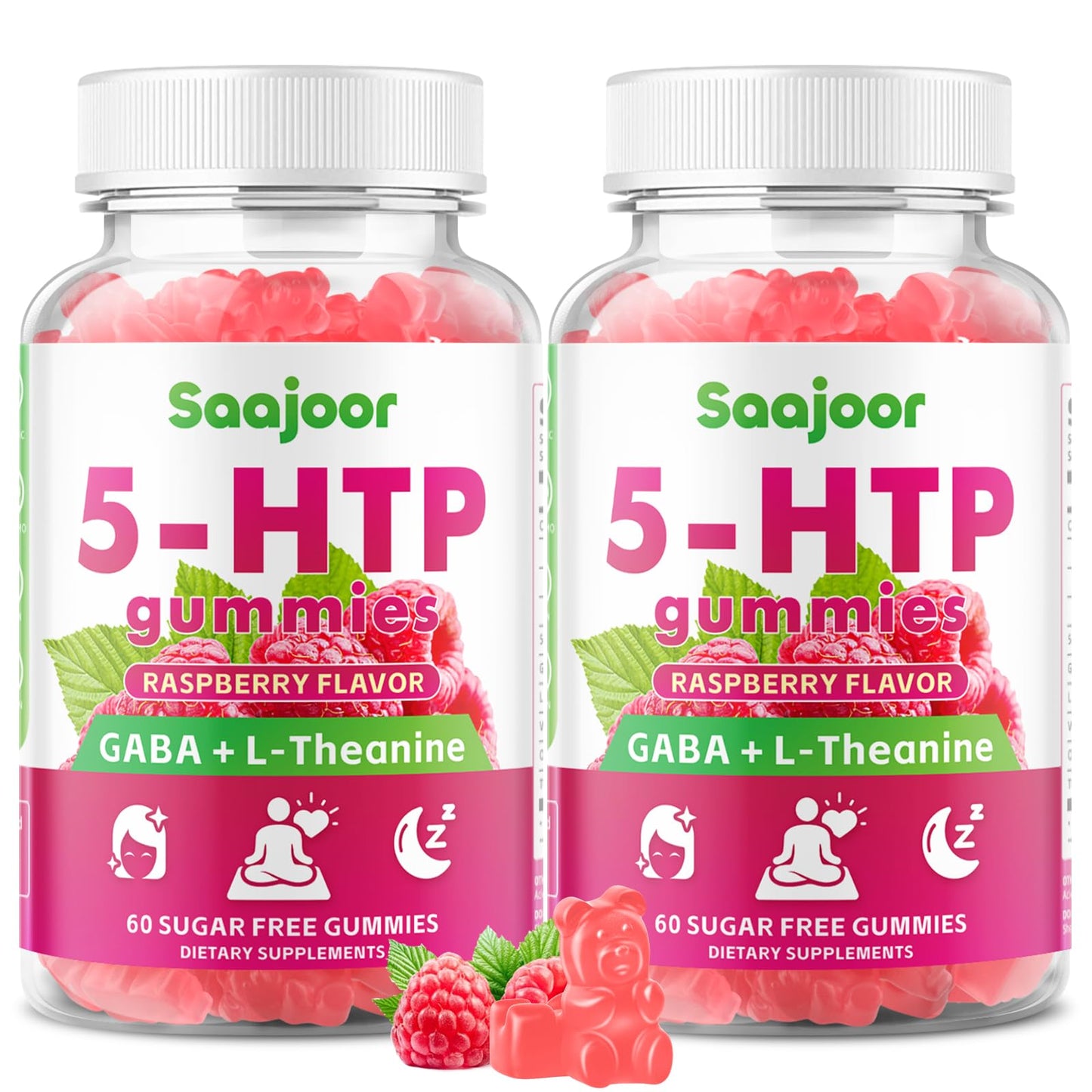 Saajoor 5-HTP 300mg Gummies with GABA + L-Theanine & Vitamin D3 Circadian Rhythm Support Raspberry Flavor, 120 Gummies
