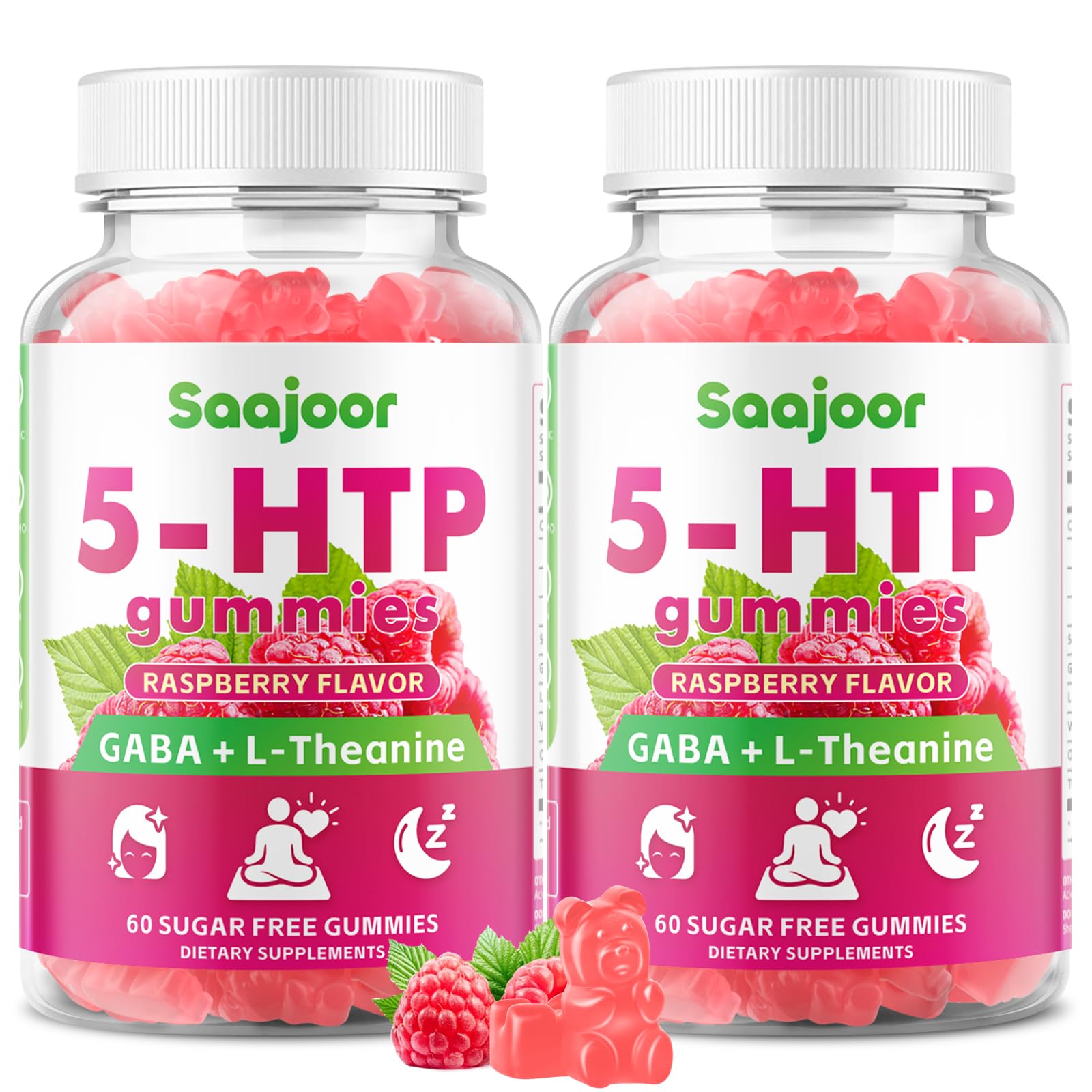 Saajoor 5-HTP 300mg Gummies with GABA + L-Theanine & Vitamin D3 Circadian Rhythm Support Raspberry Flavor, 120 Gummies