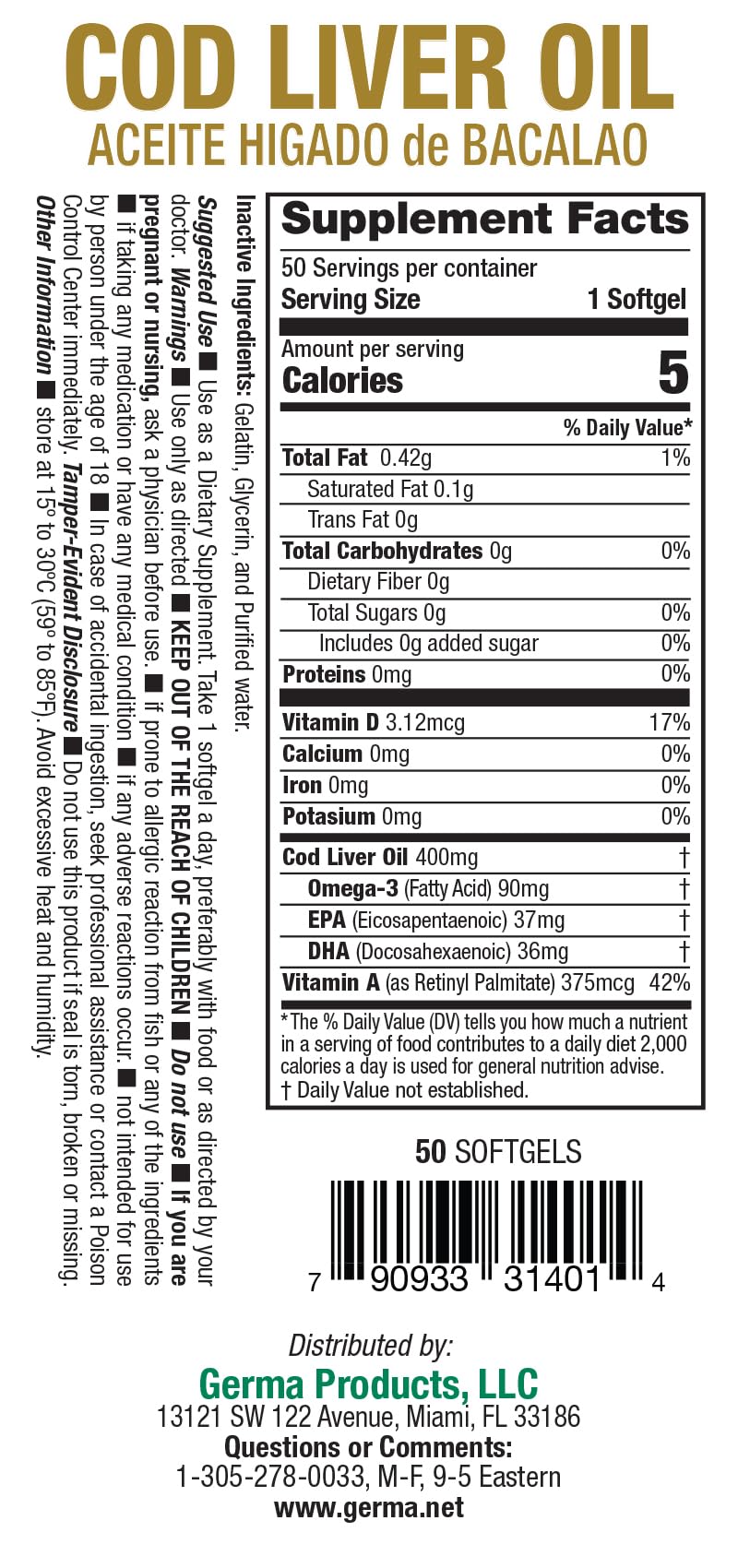 Germa Cod Liver Oil Capsules, Pure Norwegian, 50 Capsules