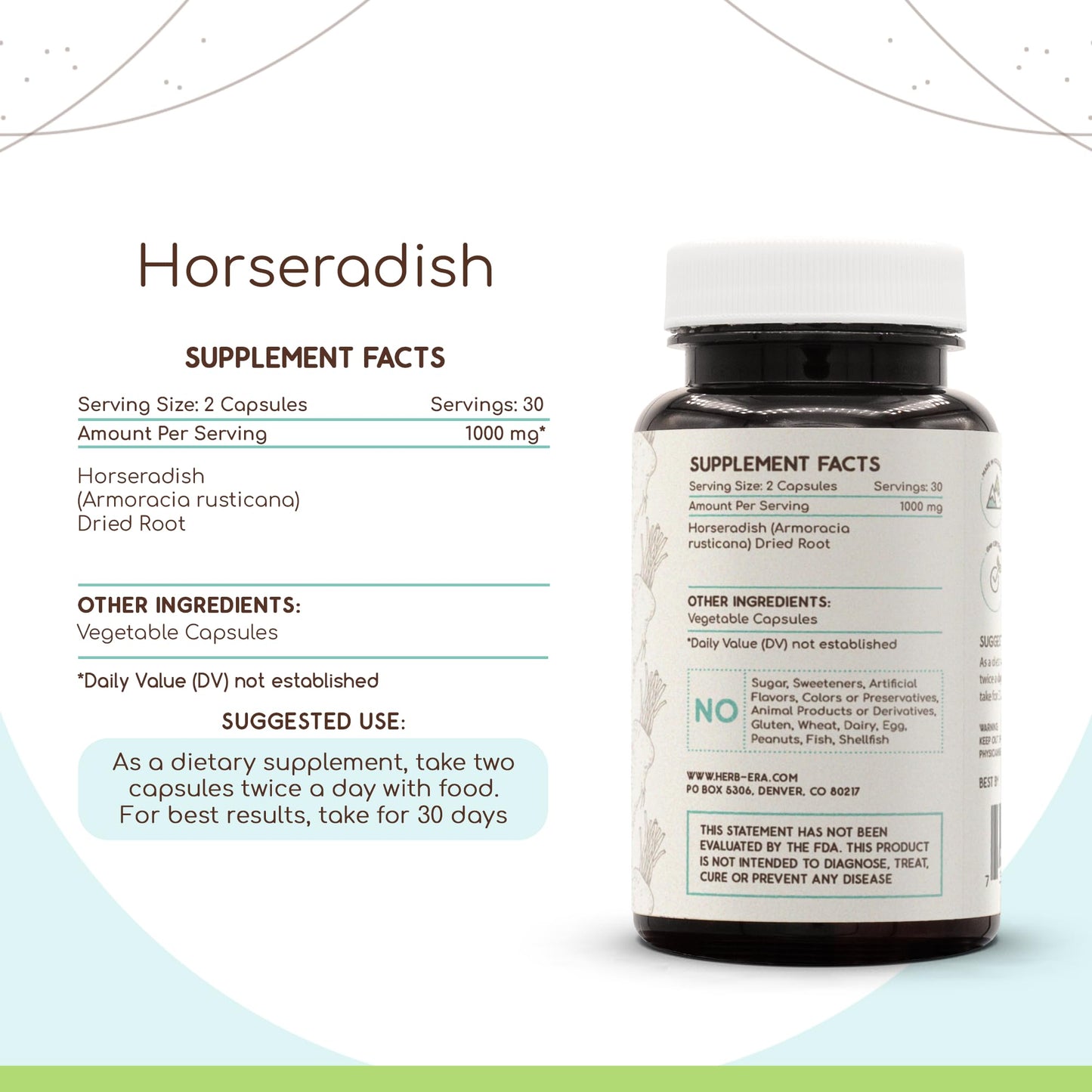 HerbEra Horseradish Dried Root 500 mg Capsule, 60 Count