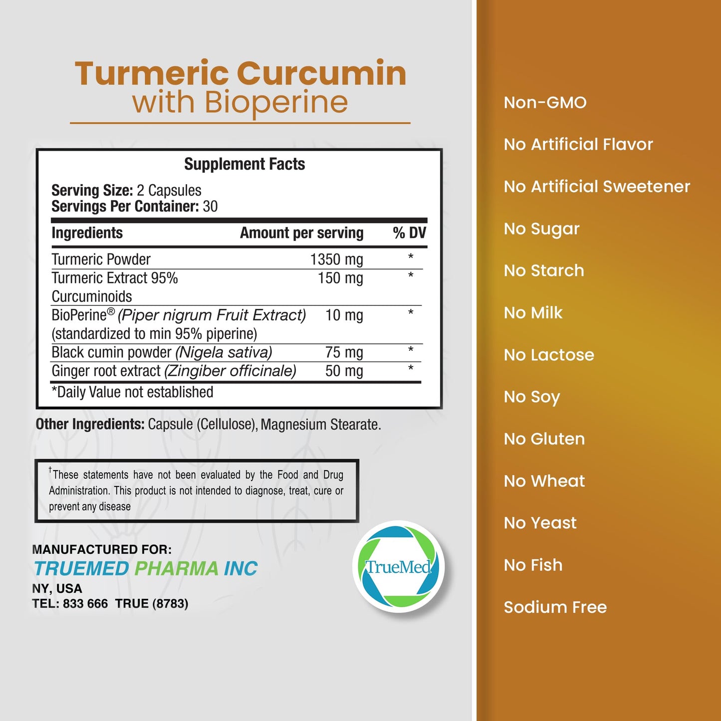 TRUEMED Turmeric Curcumin with BioPerine 1500mg High Absorption Turmeric Extract 95% Curcuminoids with Black Cumin & Ginger Natural Joint Support & Immune Health 60 Capsules