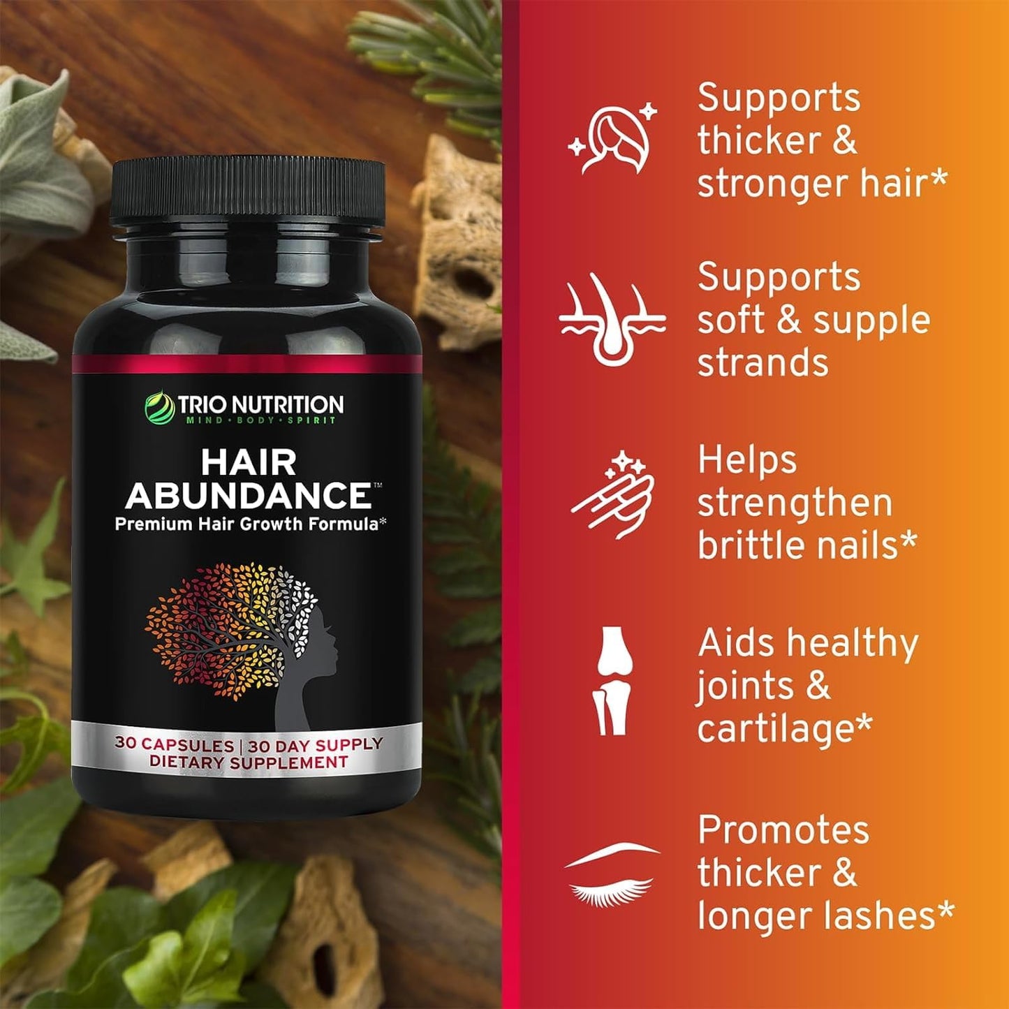 TRIO NUTRITION Hair Abundance Biotin 10,000mcg: Hair Growth, Skin & Nails Gummy, 30 Count