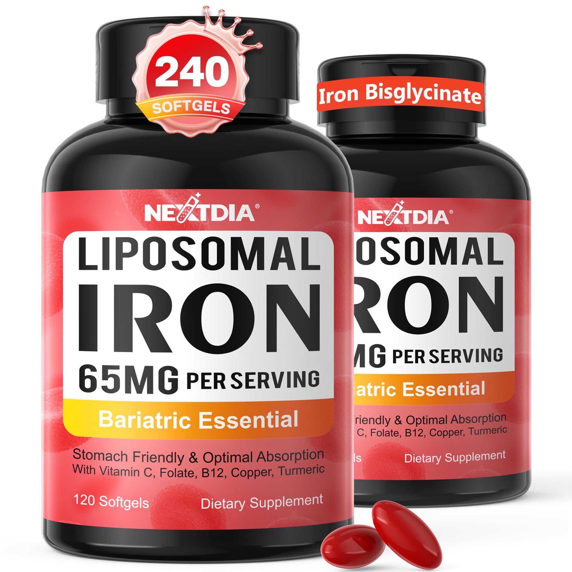 Nextdia Liposomal Iron Bisglycinate 65mg with Vitamin C Softgels, 240 Count