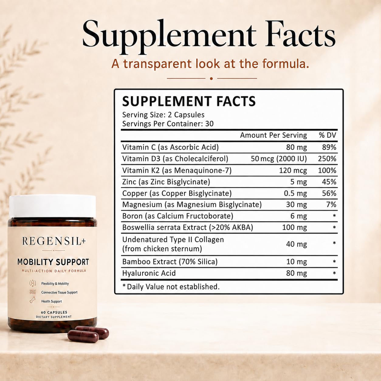 REGENSIL Bone and Joint Supplement Plus with Type II Collagen, Hyaluronic Acid, Vitamin D3 K2 Daily Formula for Flexibility 60 Capsules