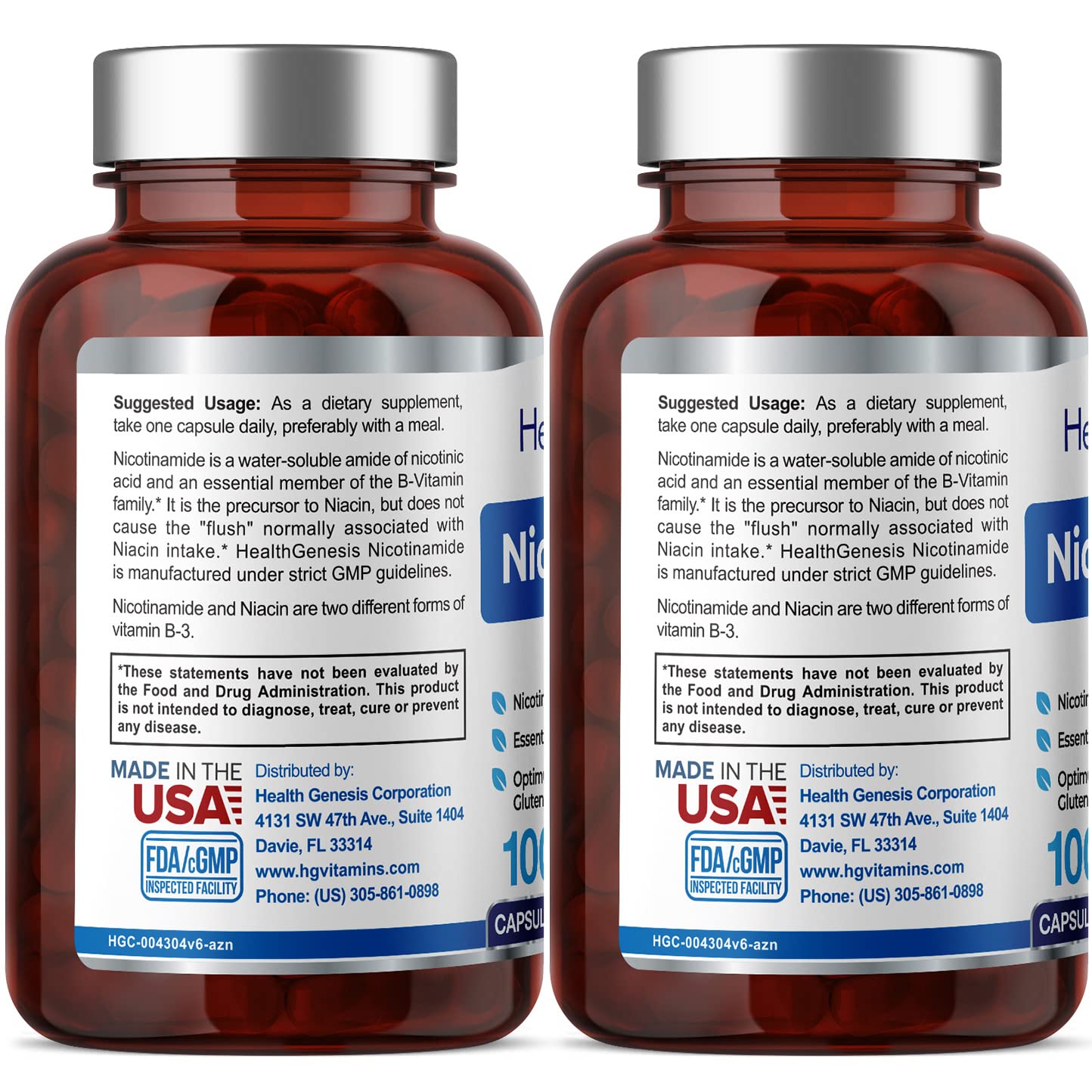 Health Genesis B-3 Nicotinamide 500 mg Capsules, 200 Count