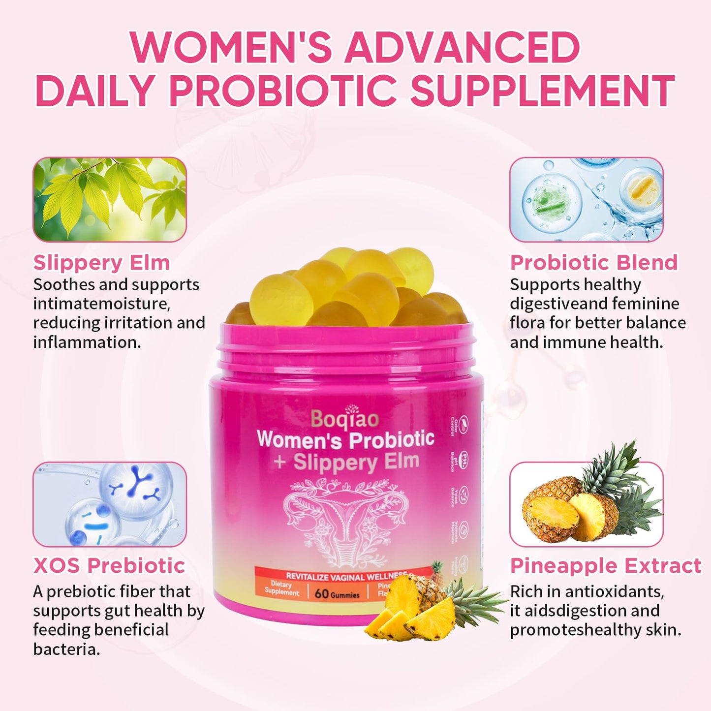 Boqiao Feminine Probiotics Gummies with Slippery Elm 60 Gummies