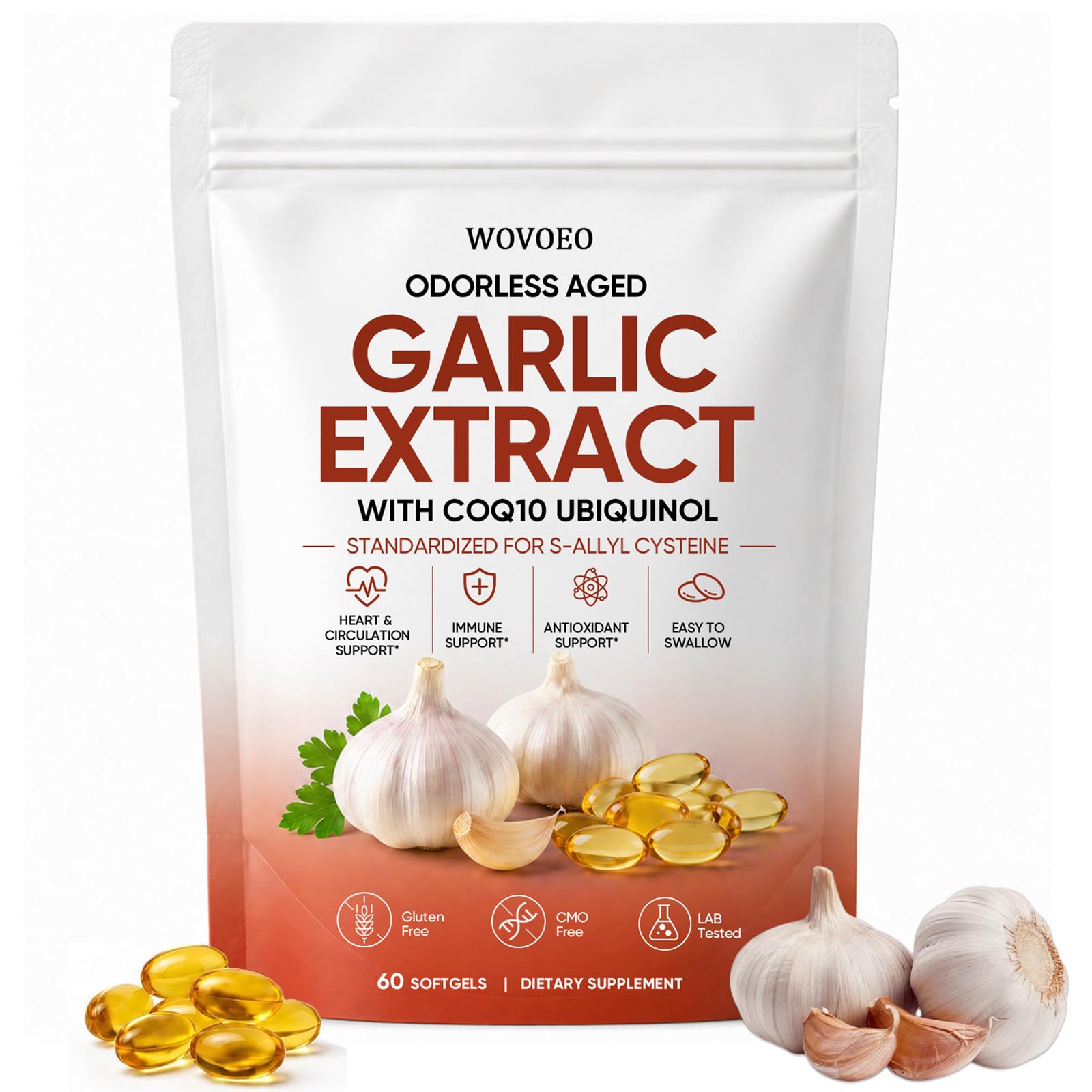 WOVOEO Aged Garlic Extract Organic 600mg Odorless Garlic Softgels with CoQ10 Ubiquinol, 60 Count