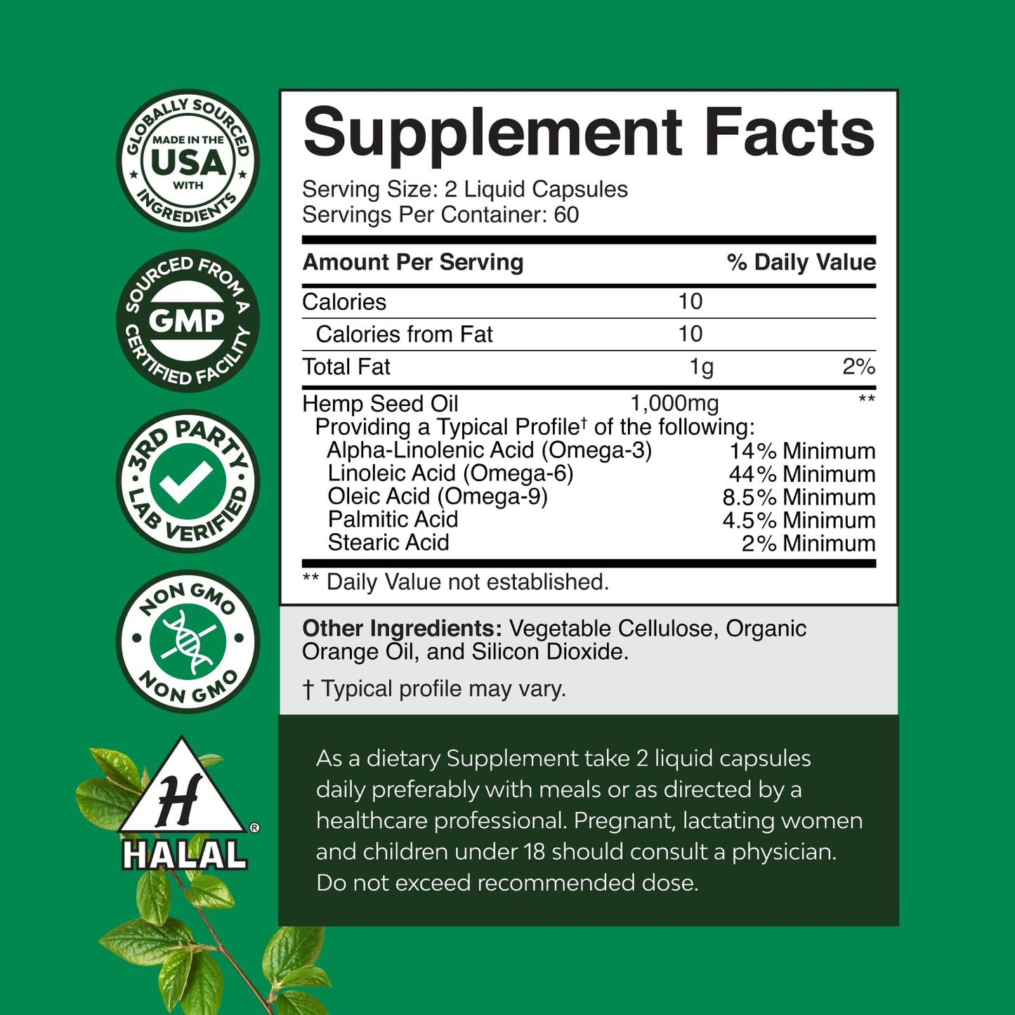 Natures Craft Hemp Seed Oil Capsules 1000mg Omega-3-6-9, 120 Count