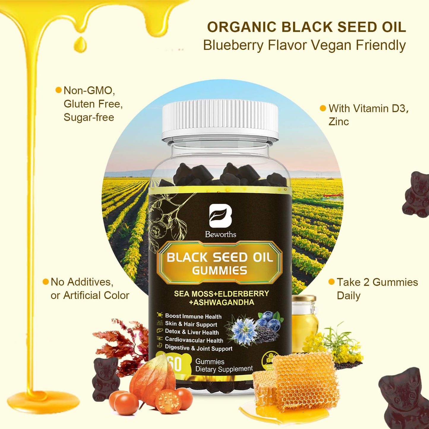 B BEWORTHS Black Seed Oil & Sea Moss Gummies 120 Count